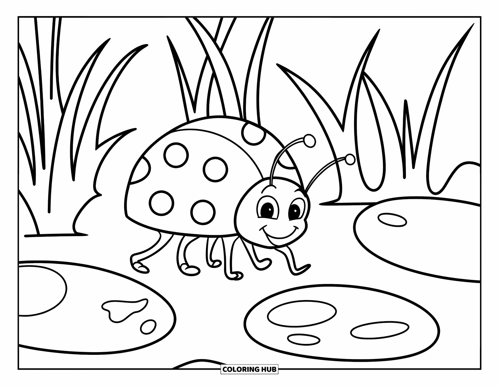 Ladybug Coloring Page for Kids: A cheerful ladybug explores curved grass lines and smooth pebbles on clean ground