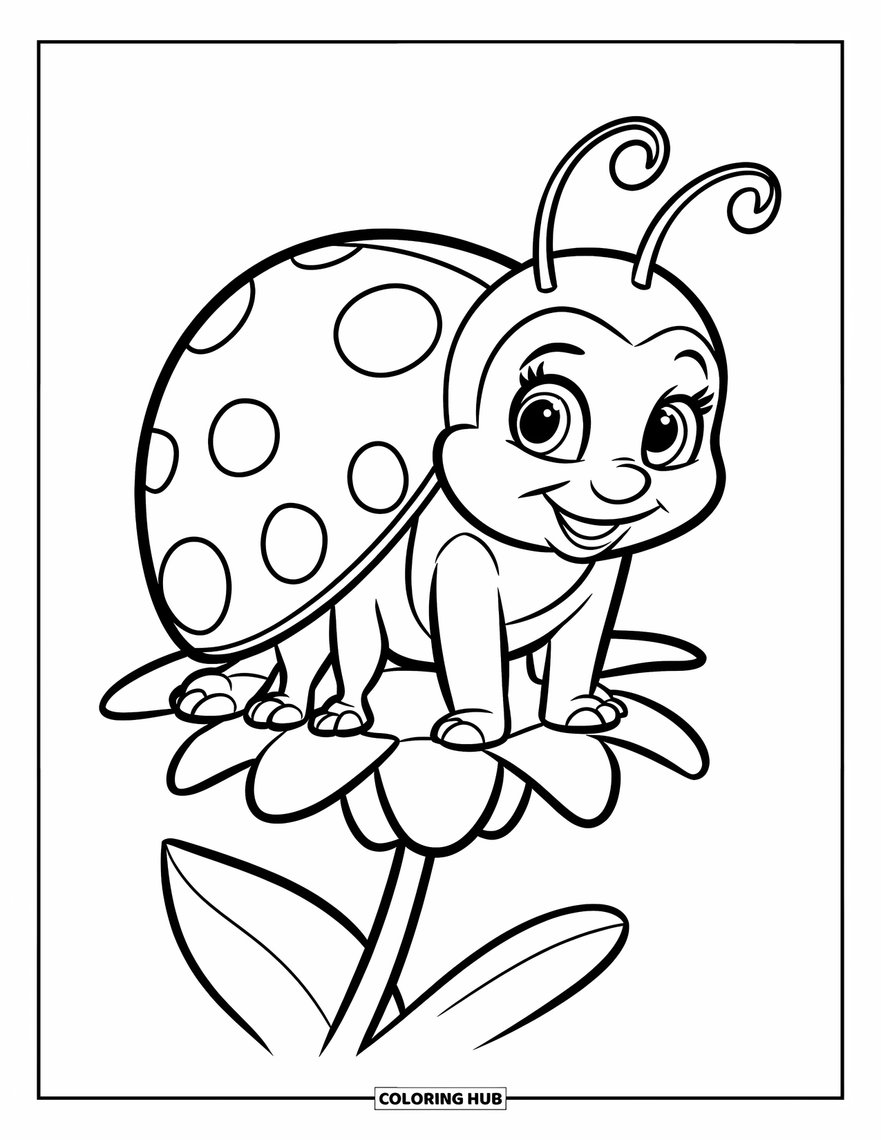 Ladybug Coloring Page for Kids: A cheerful ladybug rests on a single flower with bold petals and a simple layout