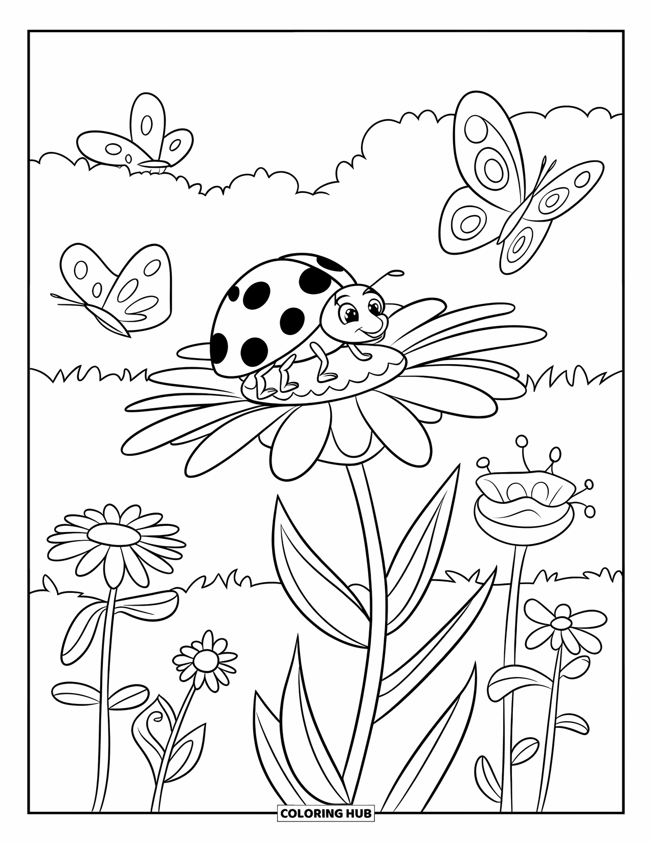 Ladybug Coloring Page for Kids: A cheerful ladybug scales a daisy in a flower-filled garden with butterflies and trees