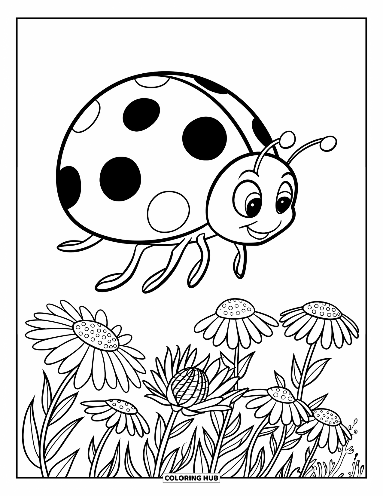 Ladybug Coloring Page for Kids: A flying ladybug soars over a field of blooming wildflowers