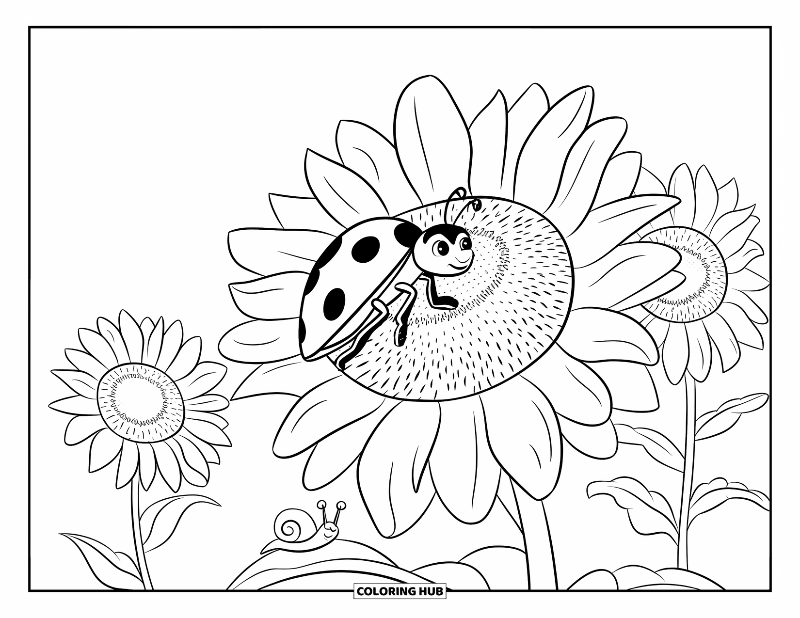 Ladybug Coloring Page for Kids: A happy ladybug and snail sit near sunflowers under clear skies