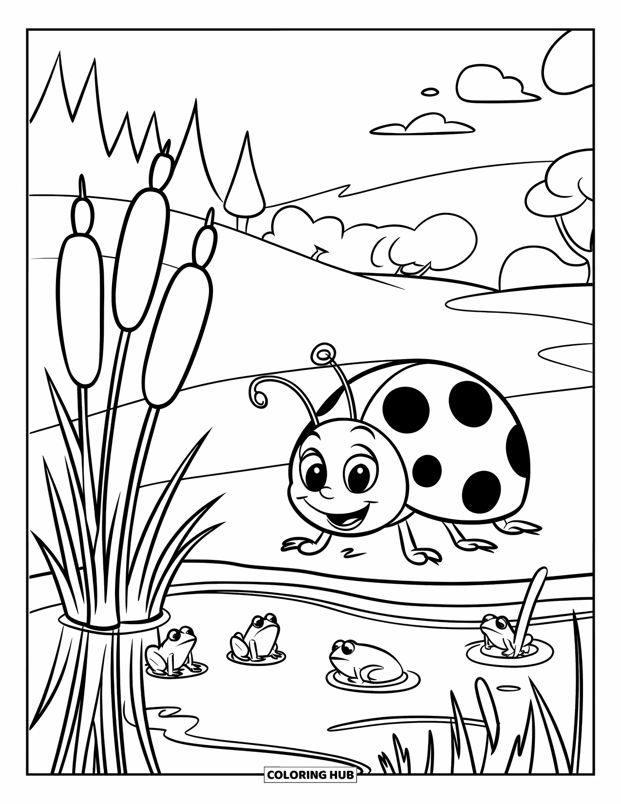 Ladybug Coloring Page for Kids: A happy ladybug on a lily pad enjoys a calm pond scene with frogs and trees