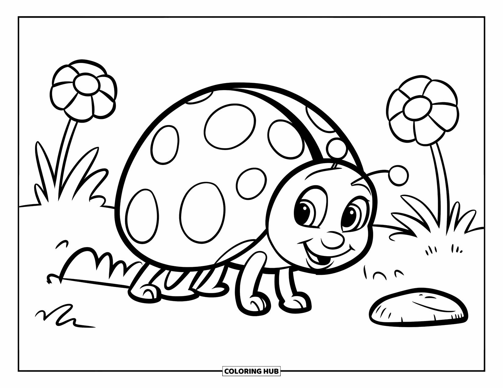 Ladybug Coloring Page for Kids: A happy ladybug plays near two small flowers and a smooth stone