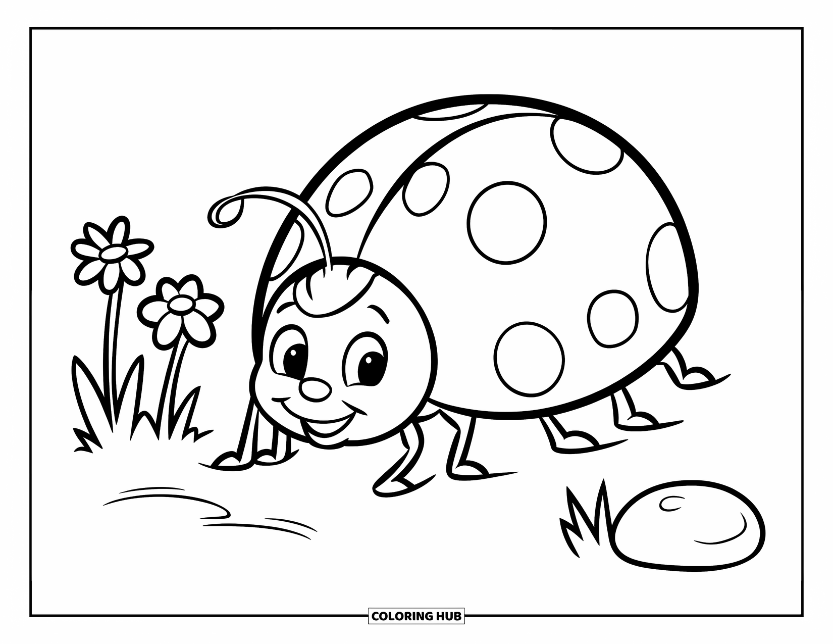 Ladybug Coloring Page for Kids: A joyful ladybug rests beside flowers and a stone on a blank backdrop