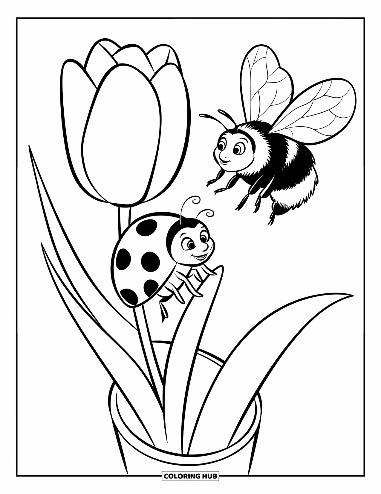 Ladybug Coloring Page for Kids: A ladybug and bee hover around a tulip vase on a blank backdrop