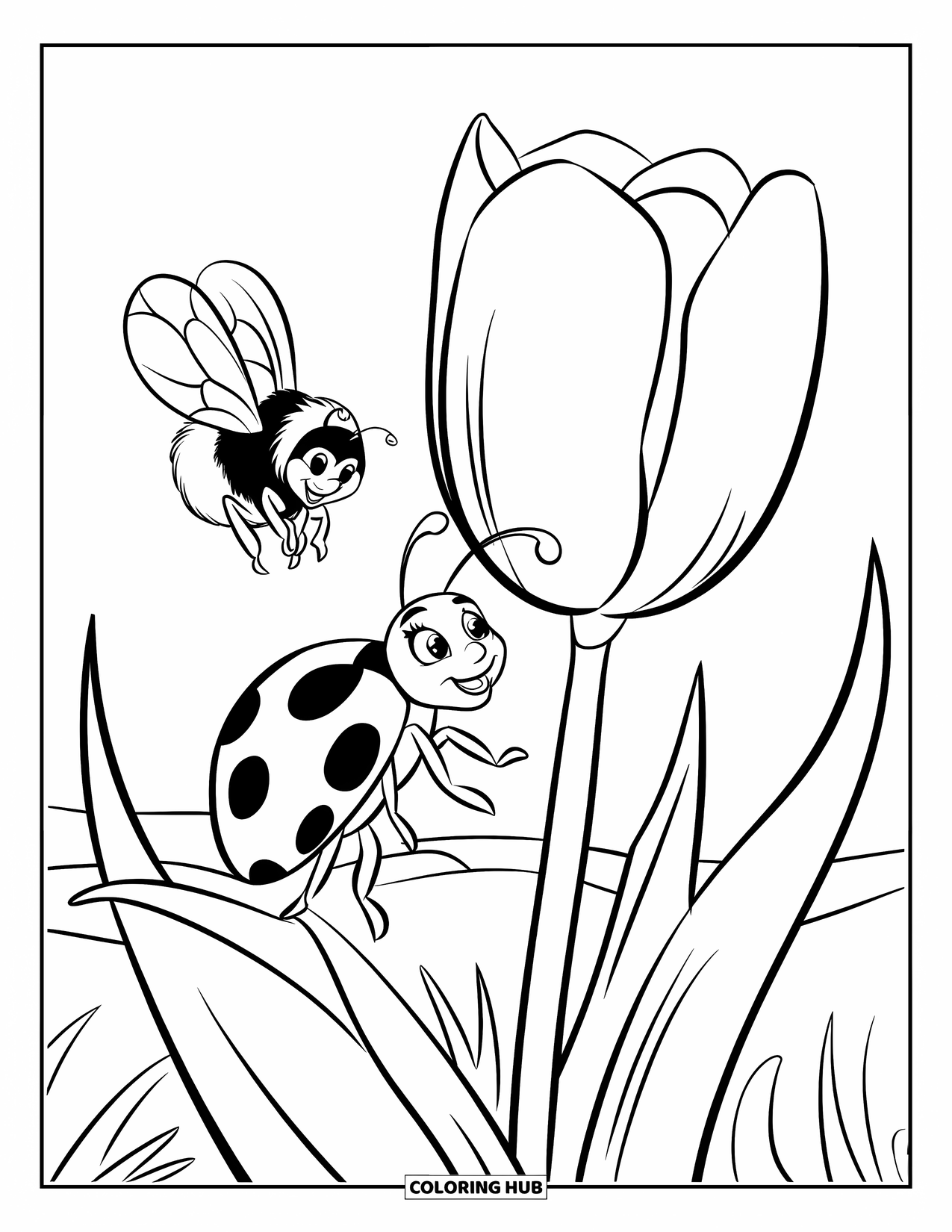 Ladybug Coloring Page for Kids: A ladybug and bumblebee meet near a giant tulip in a sunny field