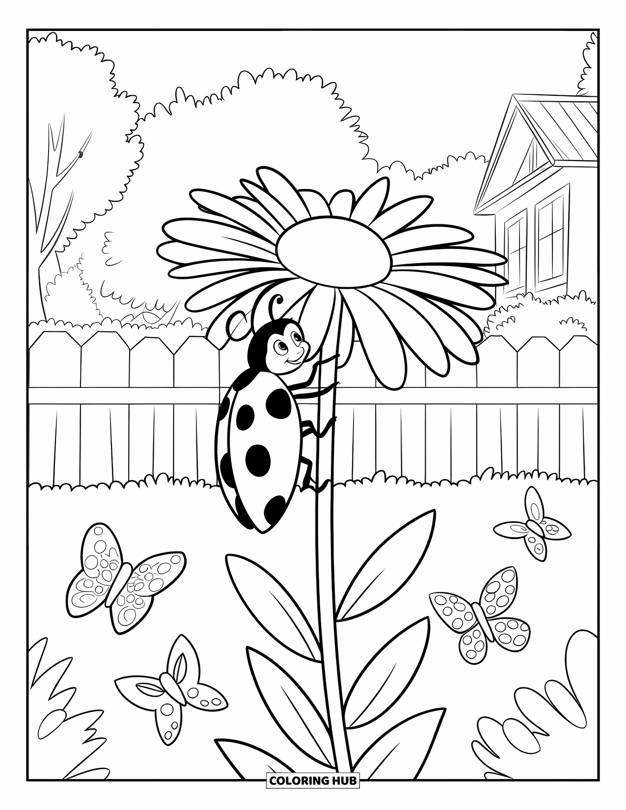 Ladybug Coloring Page for Kids: A ladybug climbs a tall daisy in a garden filled with butterflies, near a fence and house