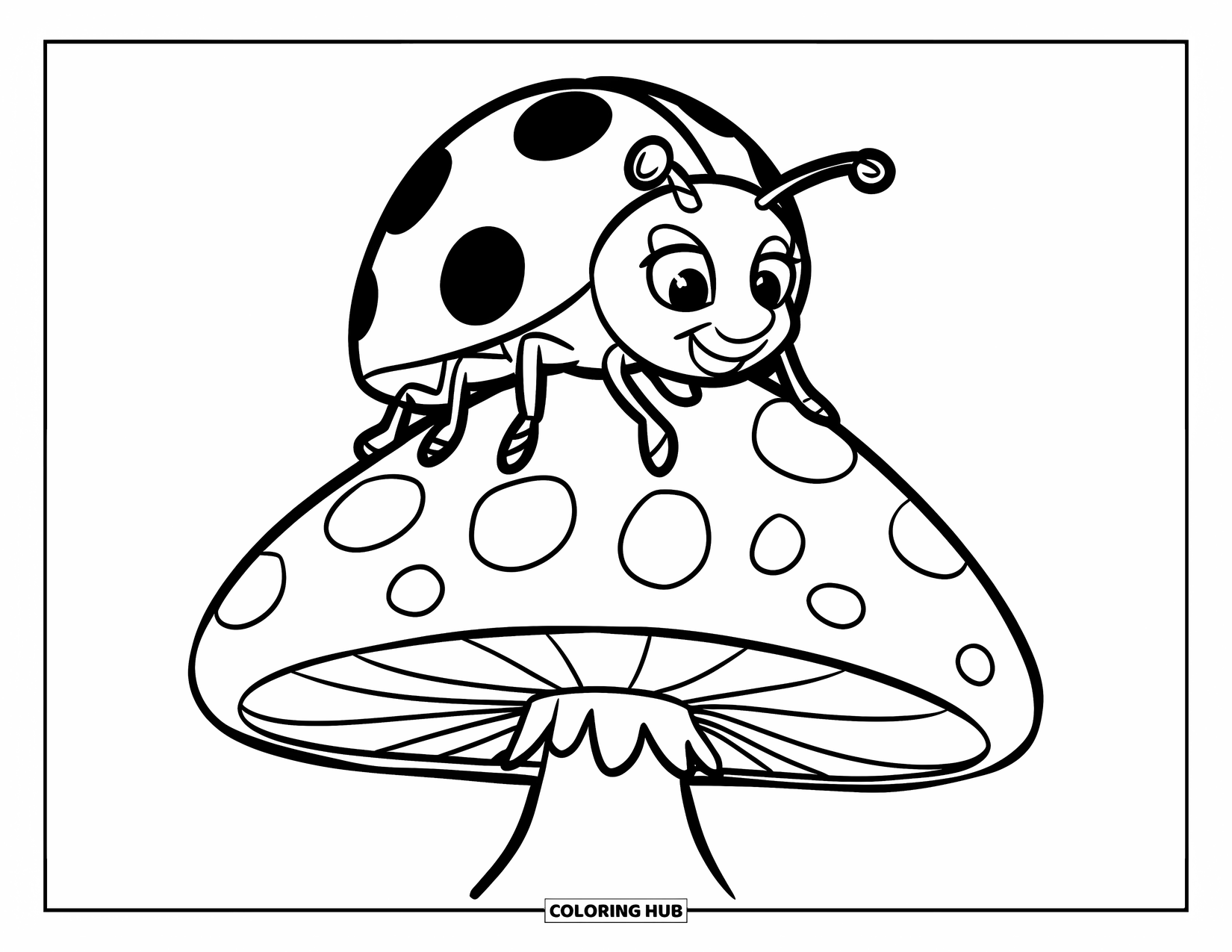 Ladybug Coloring Page for Kids: A ladybug crawls over a mushroom with visible gills and bold outlines