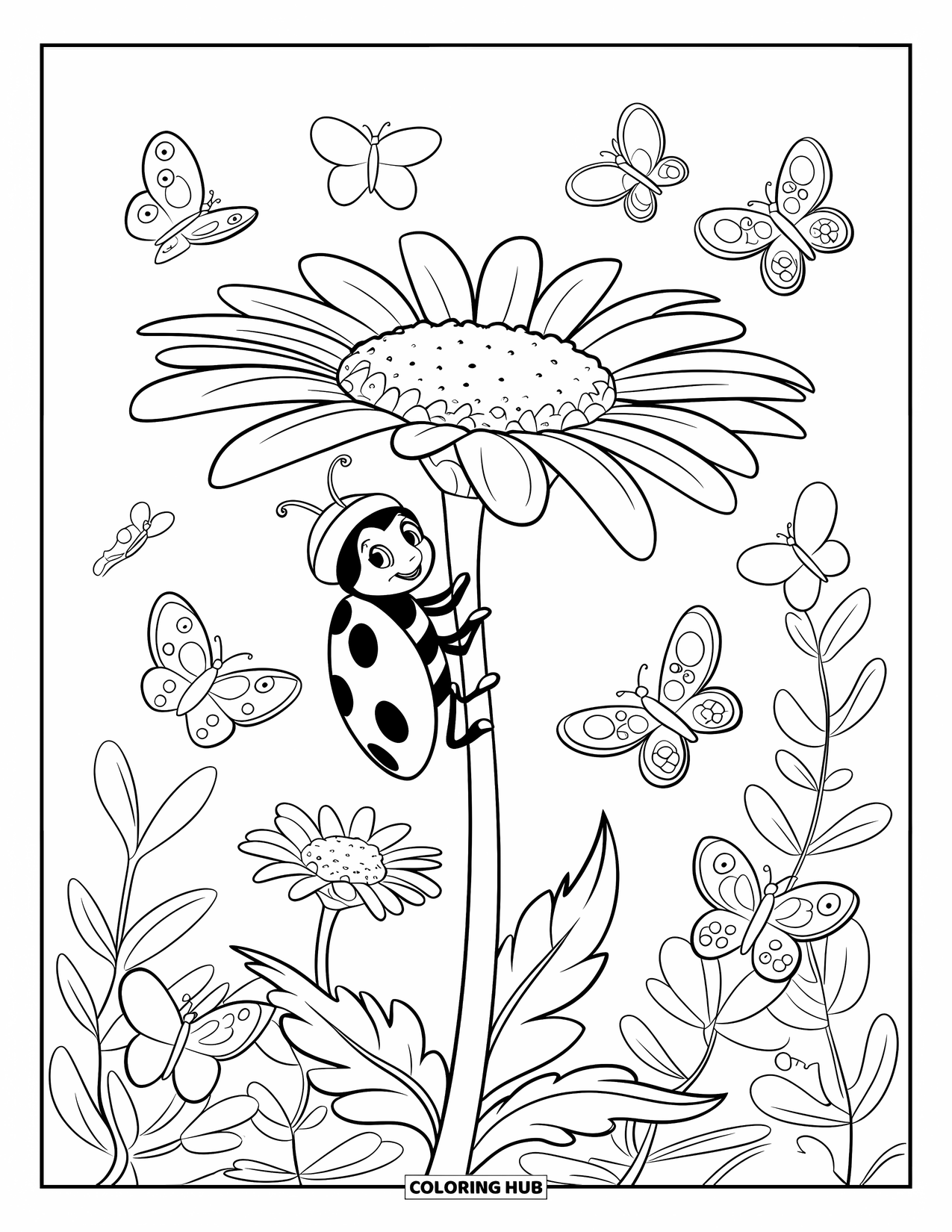 Ladybug Coloring Page for Kids: A ladybug in a hat climbs a blooming daisy while butterflies float around the lush garden