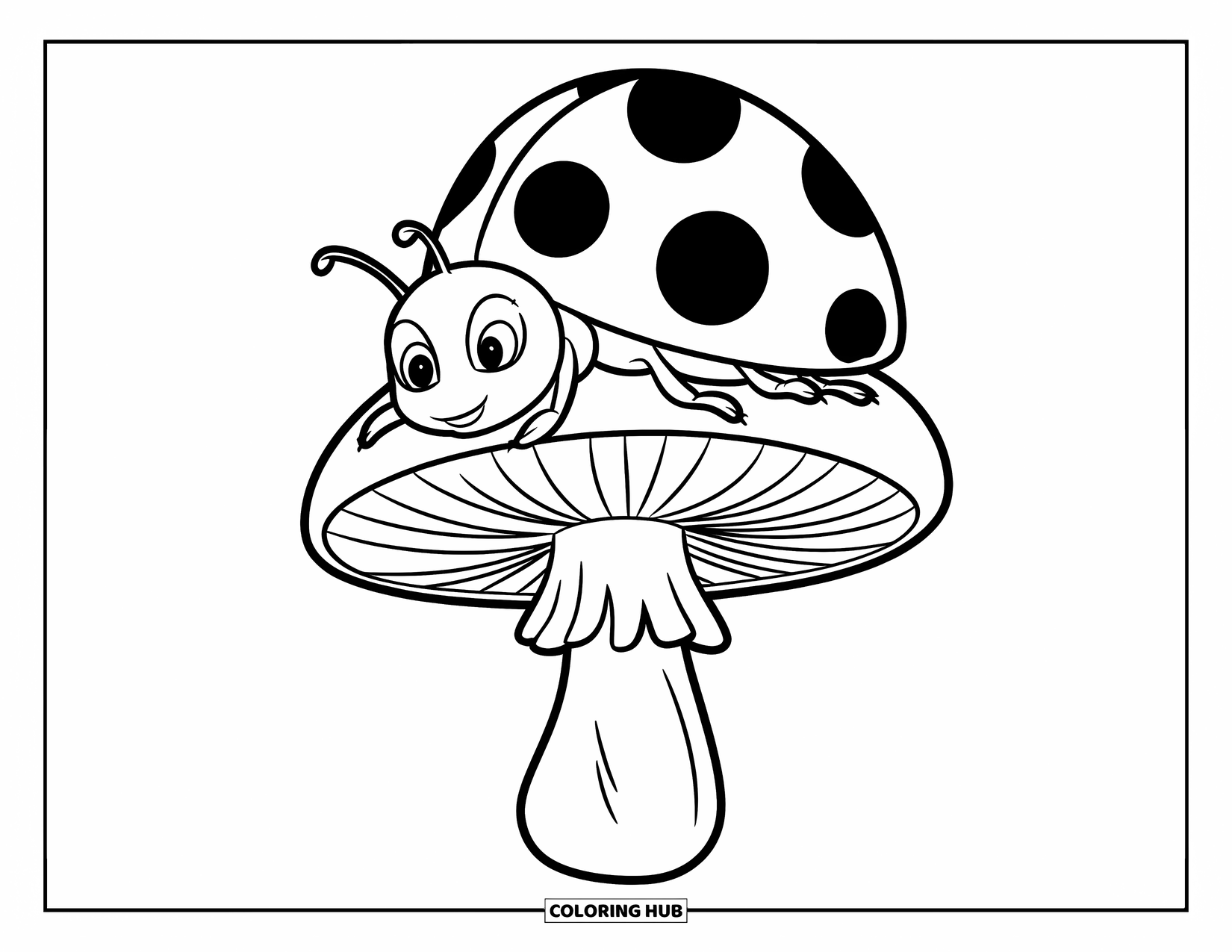 Ladybug Coloring Page for Kids: A ladybug rests on a large, flat mushroom with crisp black spots