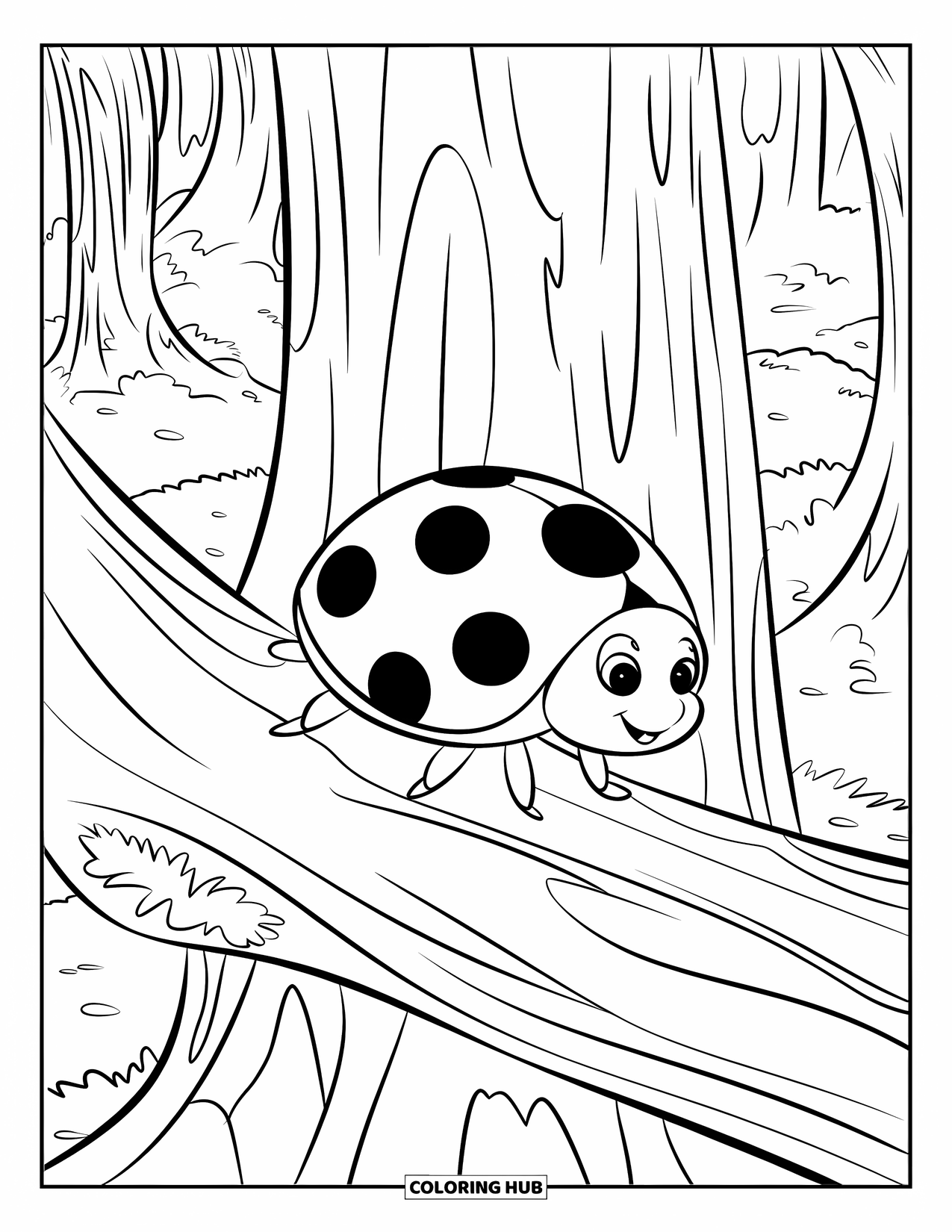 Ladybug Coloring Page for Kids: A ladybug rests on a leafy tree branch in a forest clearing