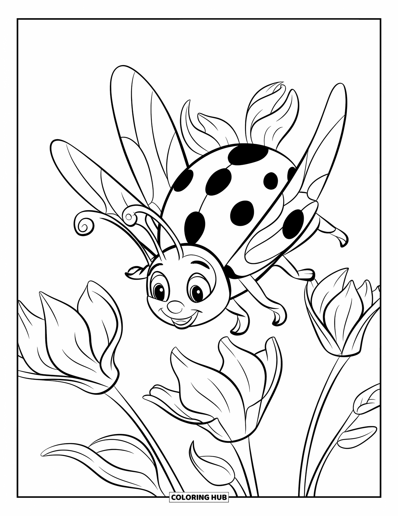 Ladybug Coloring Page for Kids: A ladybug soars among curving petals with bold spots and wide-open wings