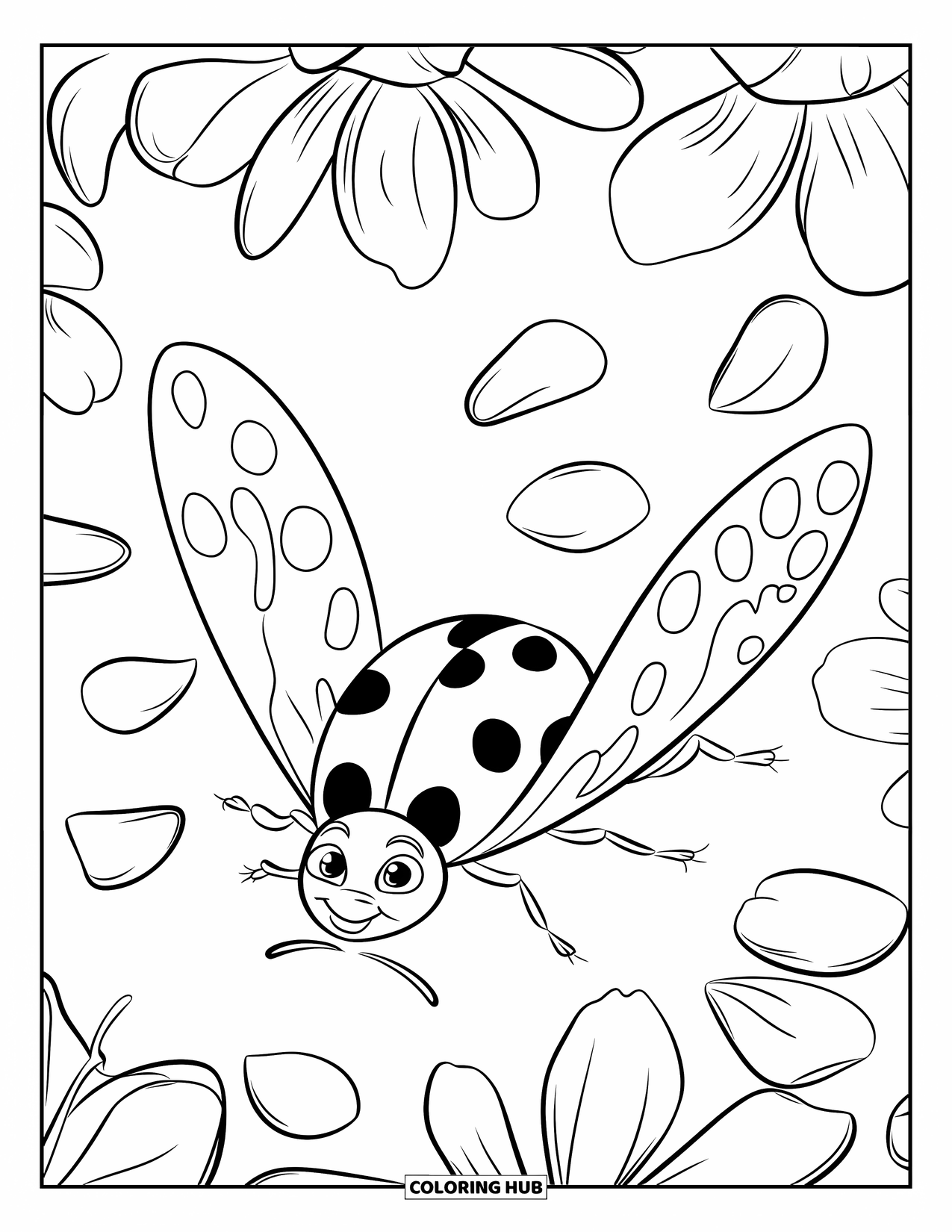 Ladybug Coloring Page for Kids: A ladybug spreads its wings mid-air, surrounded by scattered flower petals