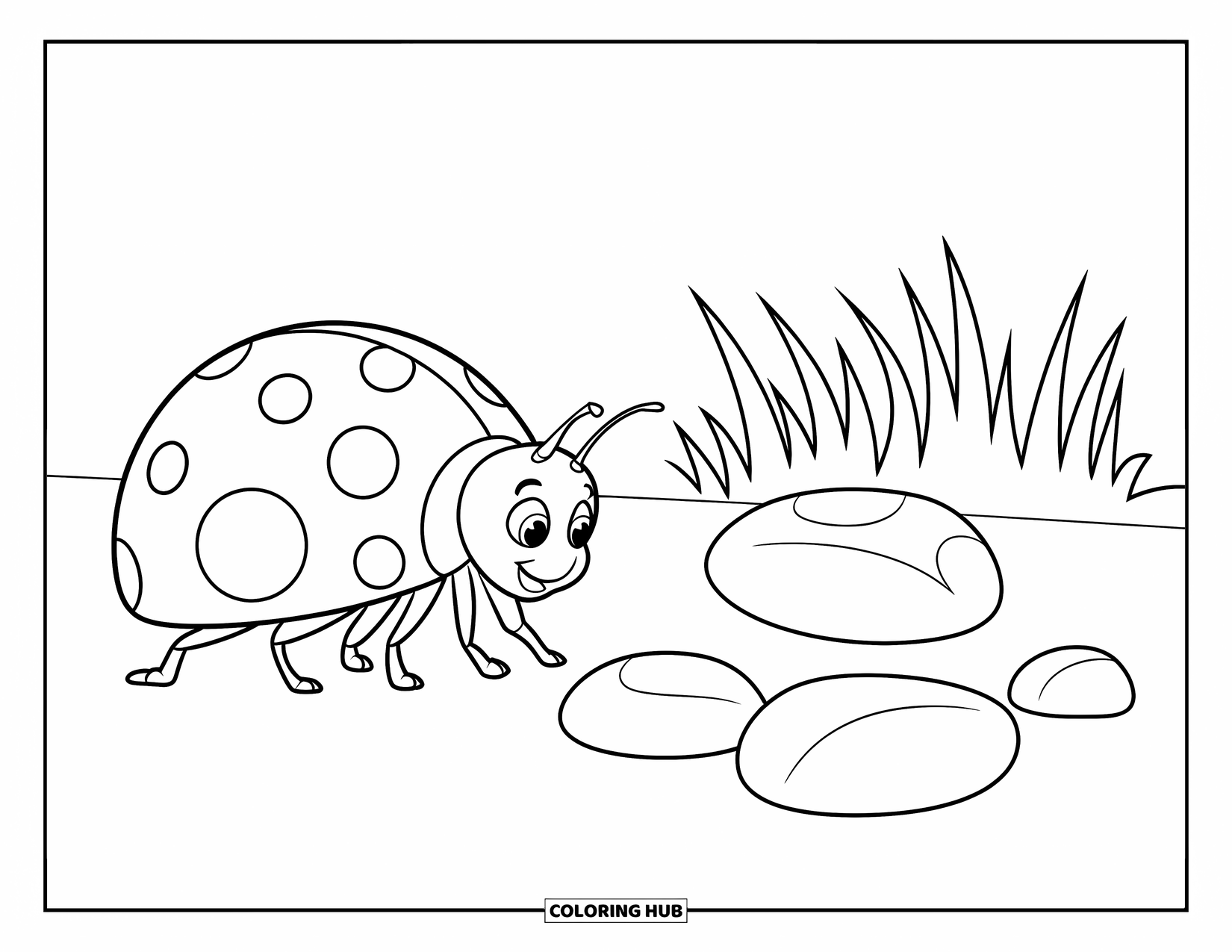 Ladybug Coloring Page for Kids: A ladybug with large spots walks near pebbles in a grassy yard