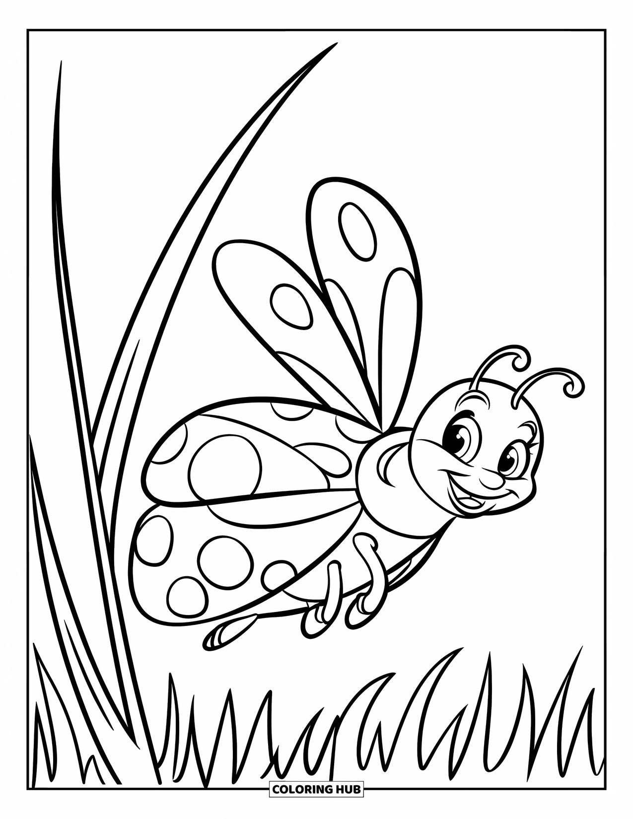 Ladybug Coloring Page for Kids: A ladybug with open wings flies near a tall blade of grass on a clean white background