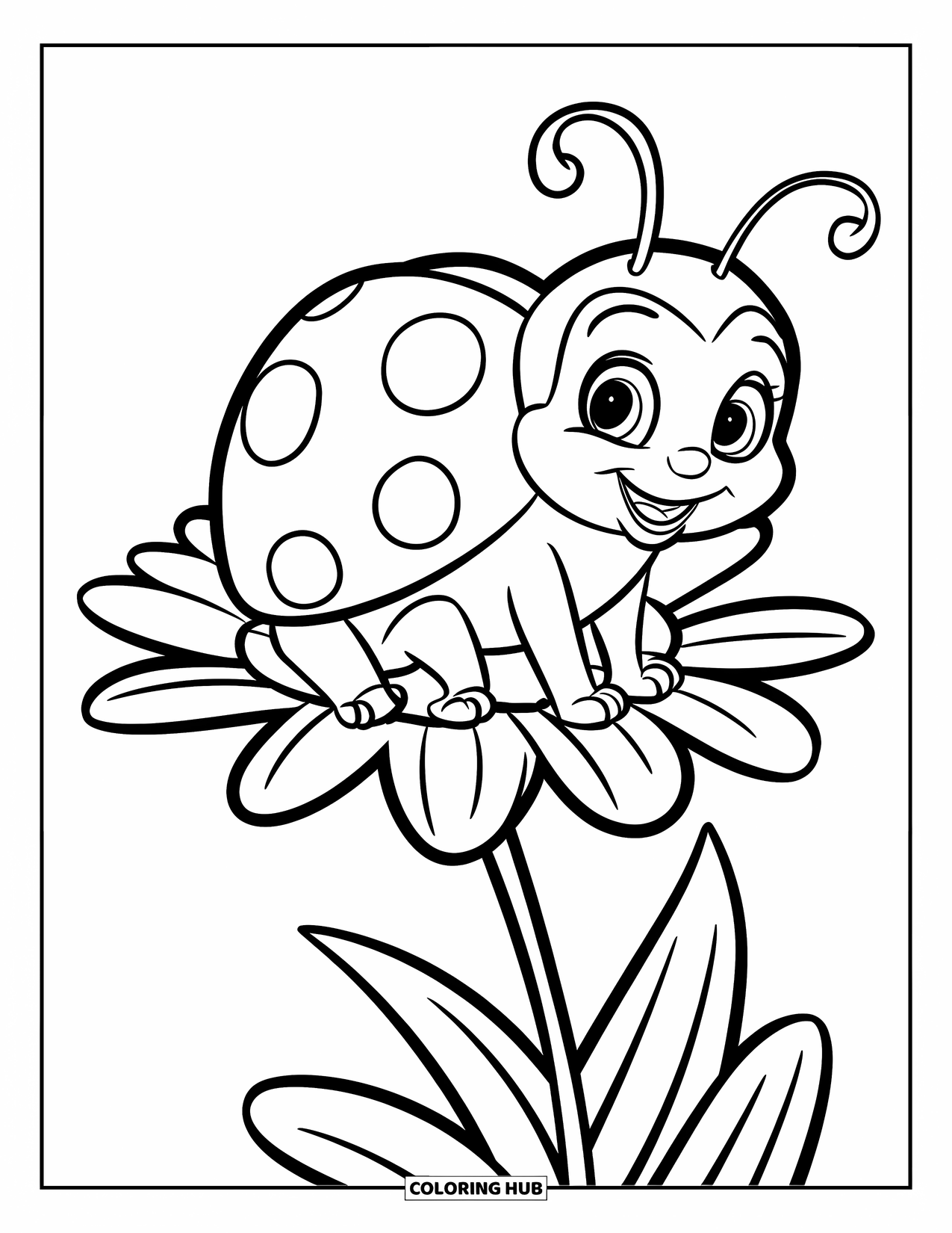 Ladybug Coloring Page for Kids: A large cute ladybug smiles while sitting on a bold-petaled flower on a white background