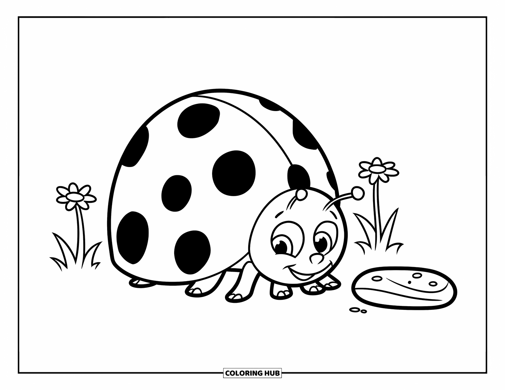 Ladybug Coloring Page for Kids: A large ladybug relaxes beside tiny flowers and a nearby stone