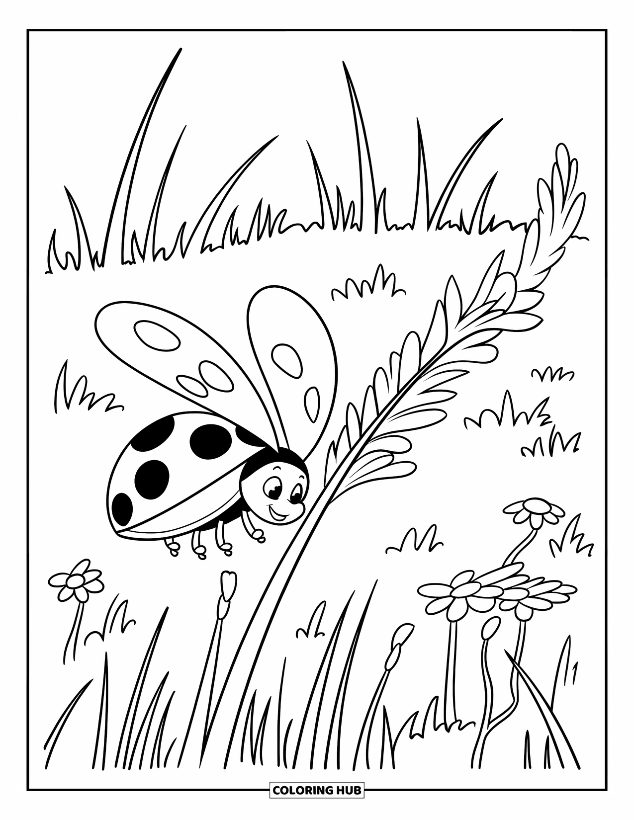 Ladybug Coloring Page for Kids: A red-spotted ladybug flies near tall green grass and white flowers in a sunny field