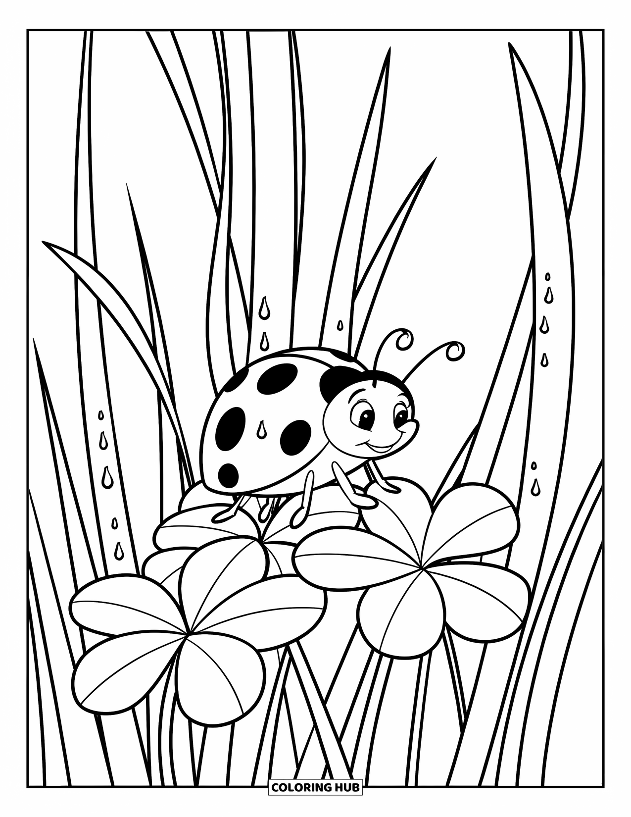 Ladybug Coloring Page for Kids: A shiny ladybug rests on clover in a tangle of grassy blades