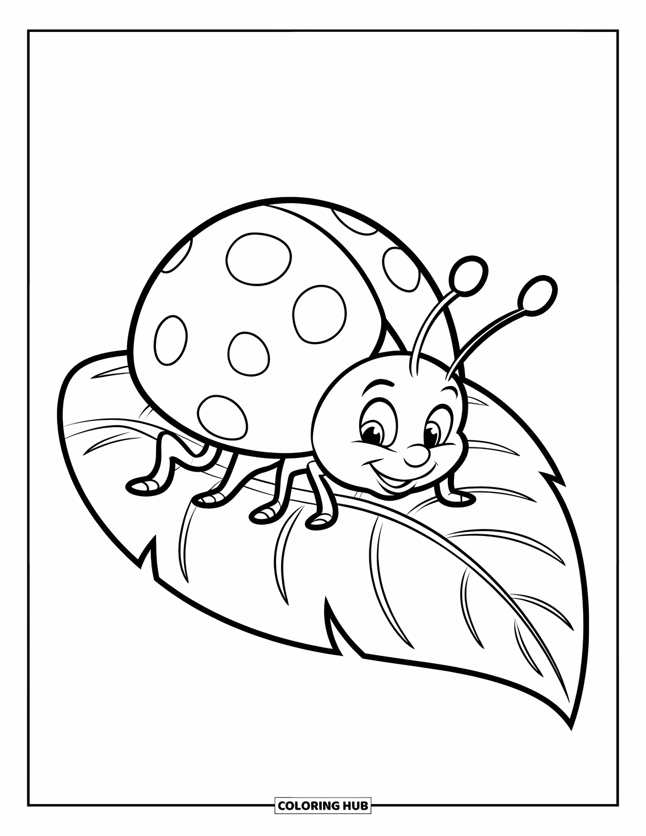Ladybug Coloring Page for Kids: A smiling ladybug crawls along a big leaf with thick veins on a white background