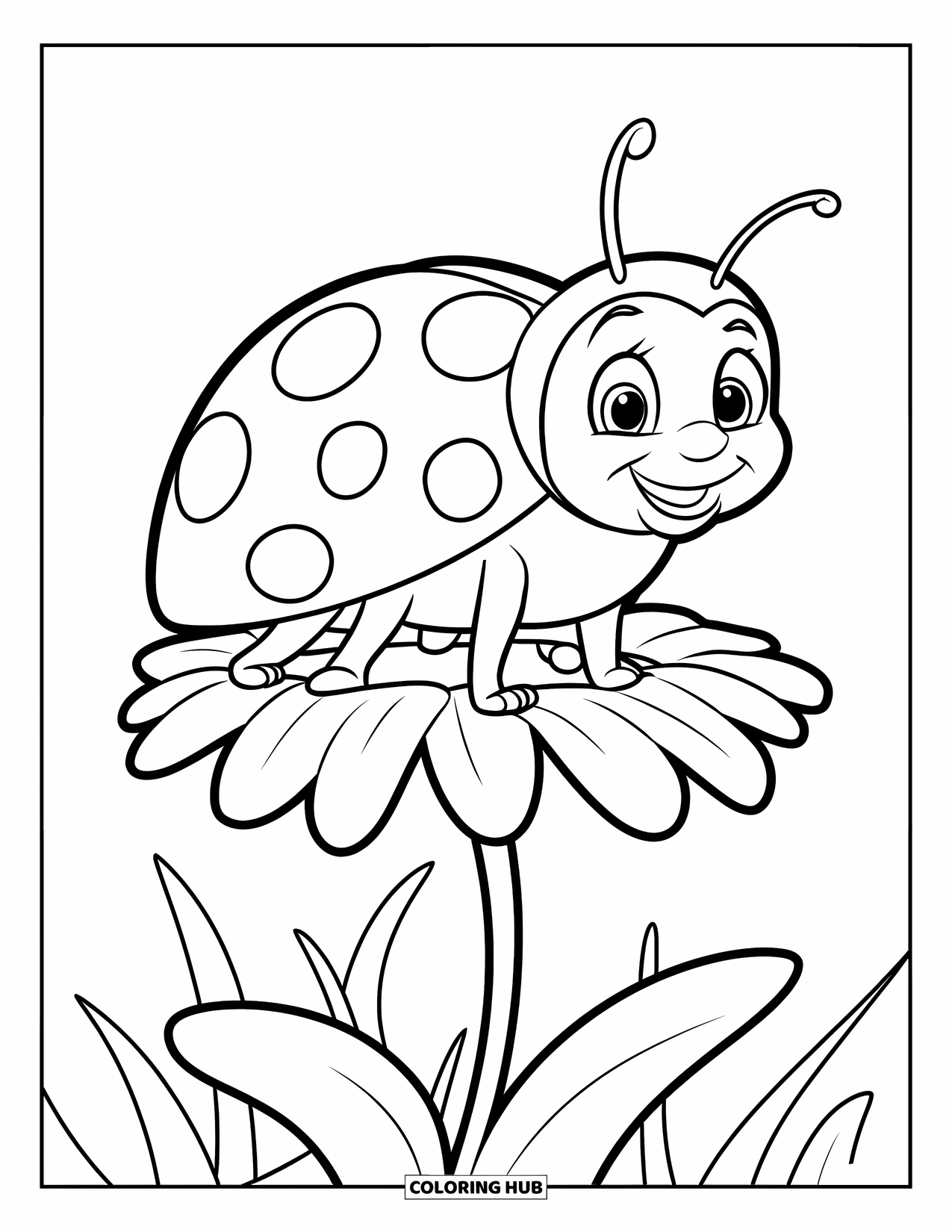 Ladybug Coloring Page for Kids: A smiling ladybug with two antennae sits on a bright yellow flower in a green field