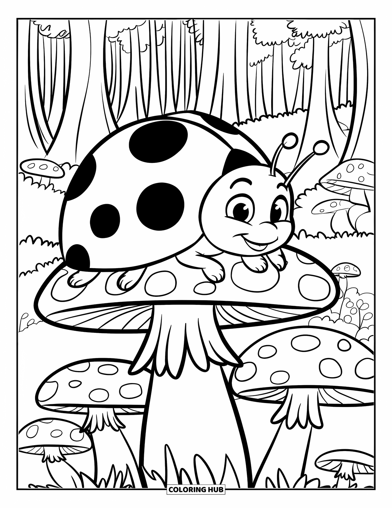 Ladybug Coloring Page for Kids: A spotted ladybug lounges on a round-top mushroom in a dense forest of similar fungi