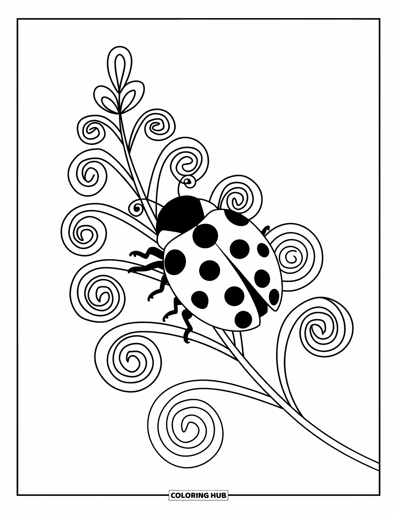 Ladybug Coloring Page for Kids: A spotted ladybug rests on a spiraling fern with circular leaf tips
