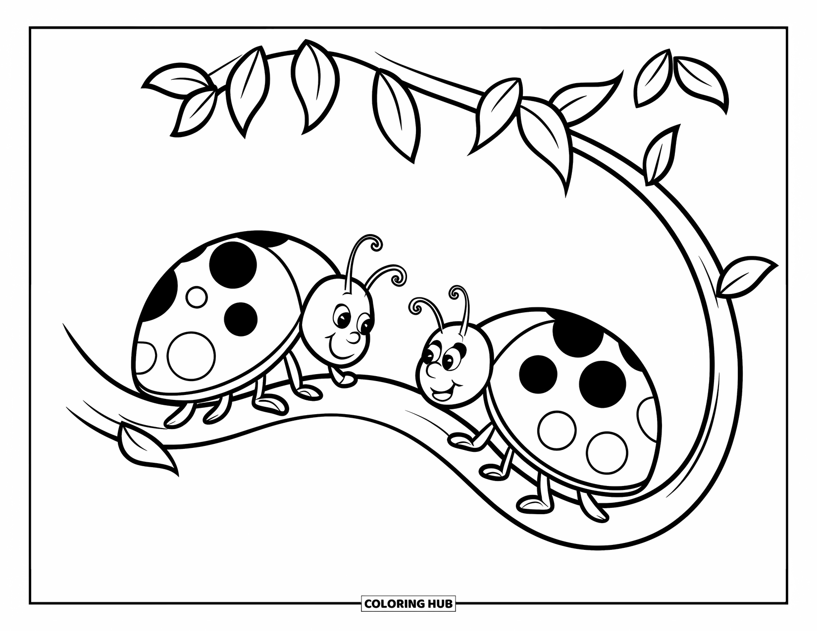 Ladybug Coloring Page for Kids: Ladybugs wander on a twisty vine with leaves and white clouds