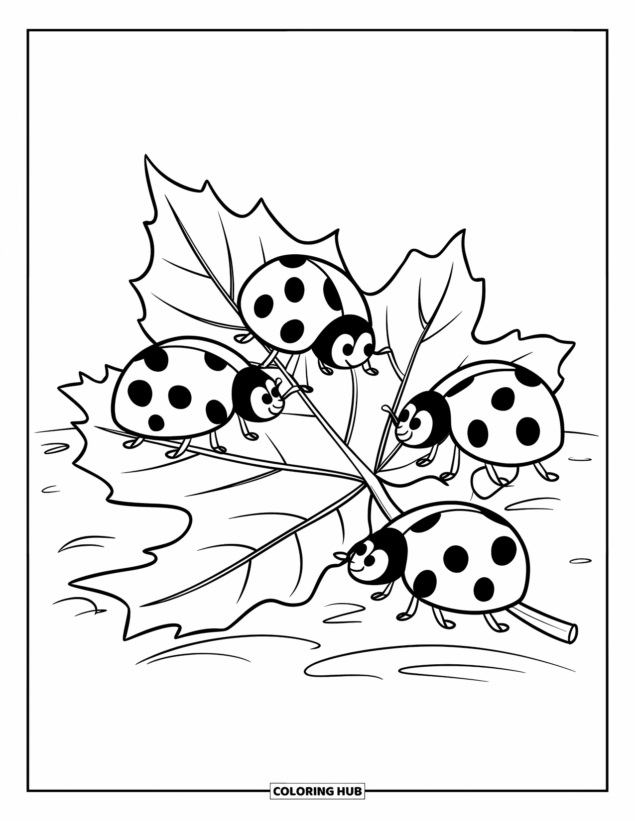 Ladybug Coloring Page for Kids: Three ladybugs with crisp outlines crawl along a detailed autumn leaf