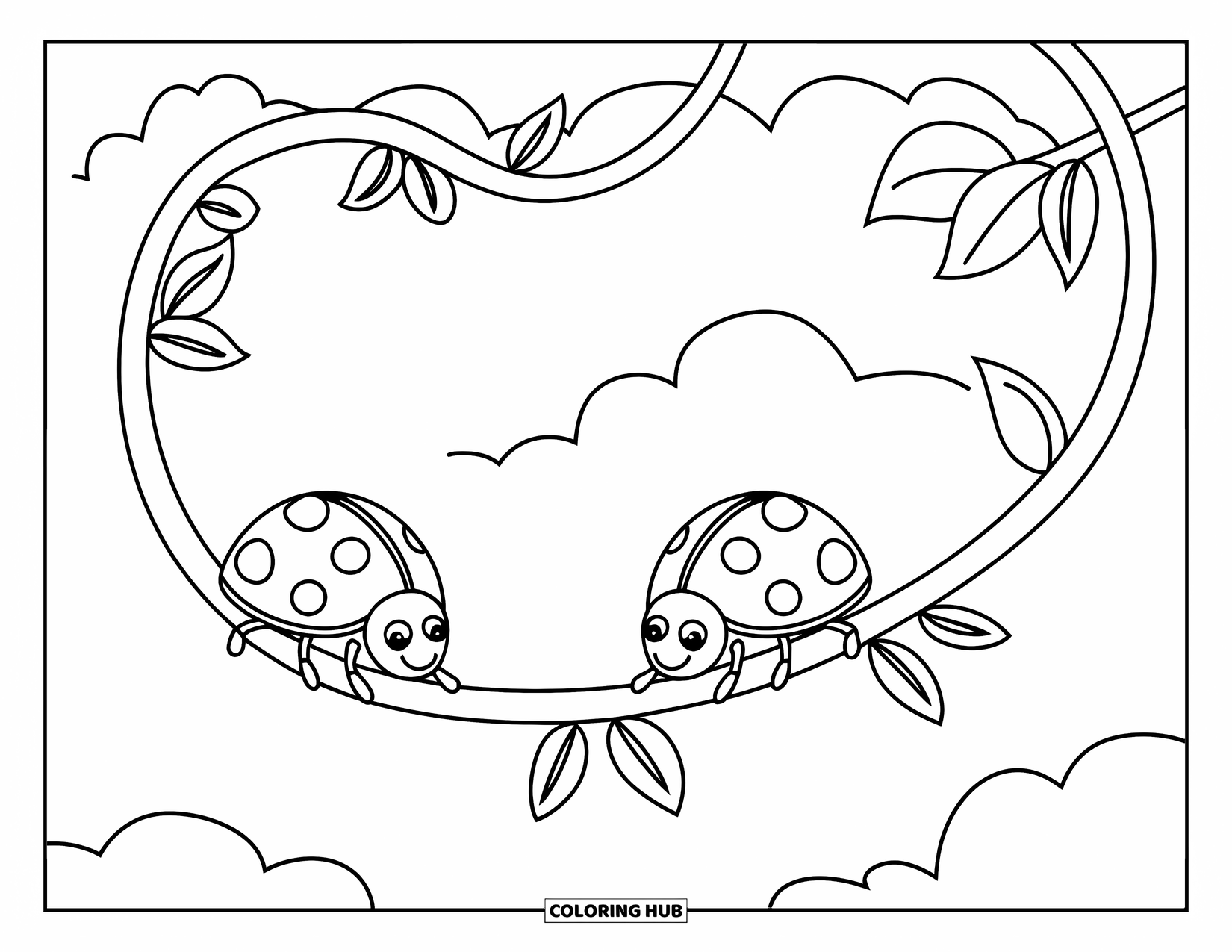 Ladybug Coloring Page for Kids: Two ladybugs climb opposite ways along a curvy vine in the sky