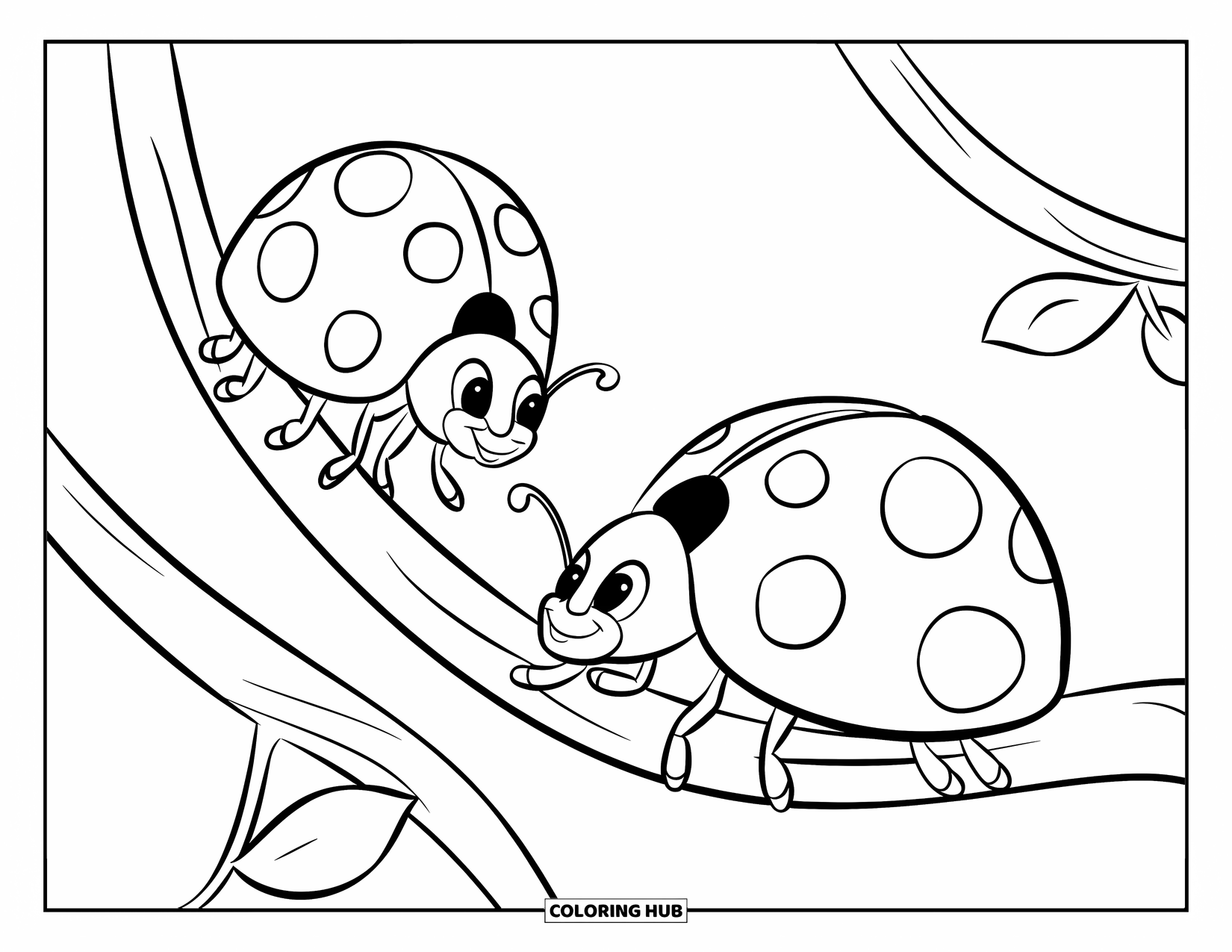 Ladybug Coloring Page for Kids: Two ladybugs crawl in opposite directions on a twirling vine