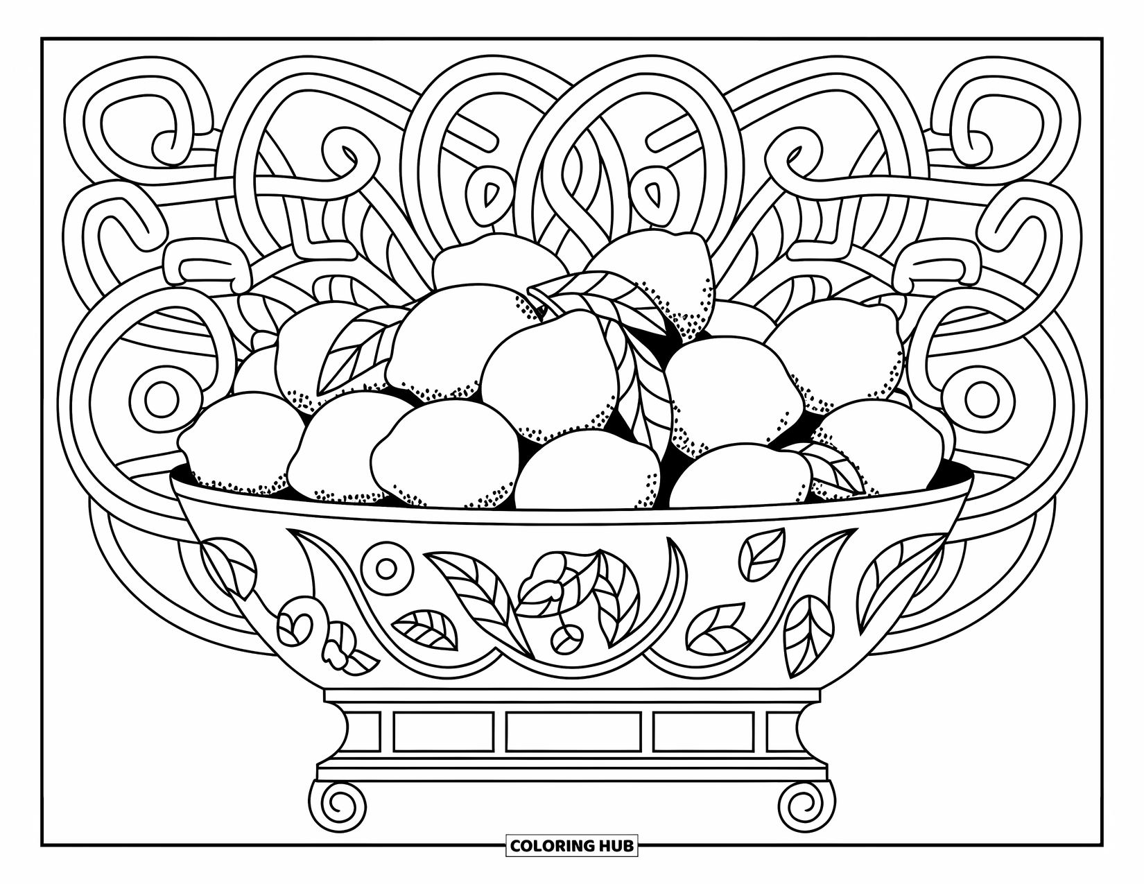 Lemon Coloring Page for Adults: Basket of lemons in a circle with leafy scroll designs on a wooden base