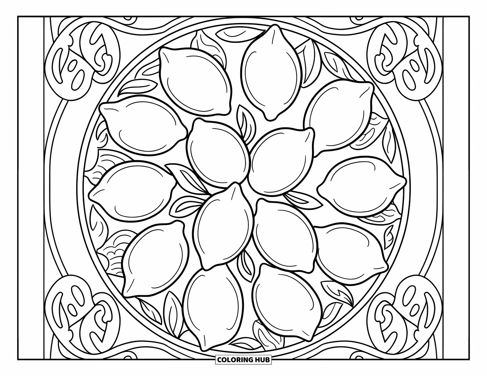 Lemon Coloring Page for Adults: Basket of lemons with scroll patterns and artistic leafy details