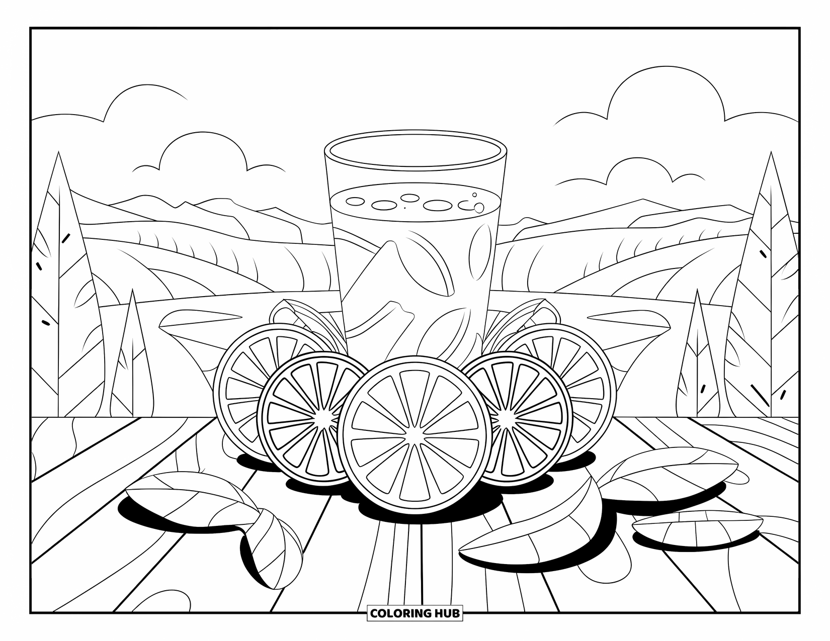 Lemon Coloring Page for Adults: Glass of lemonade surrounded by citrus wheels and a peaceful mountain view