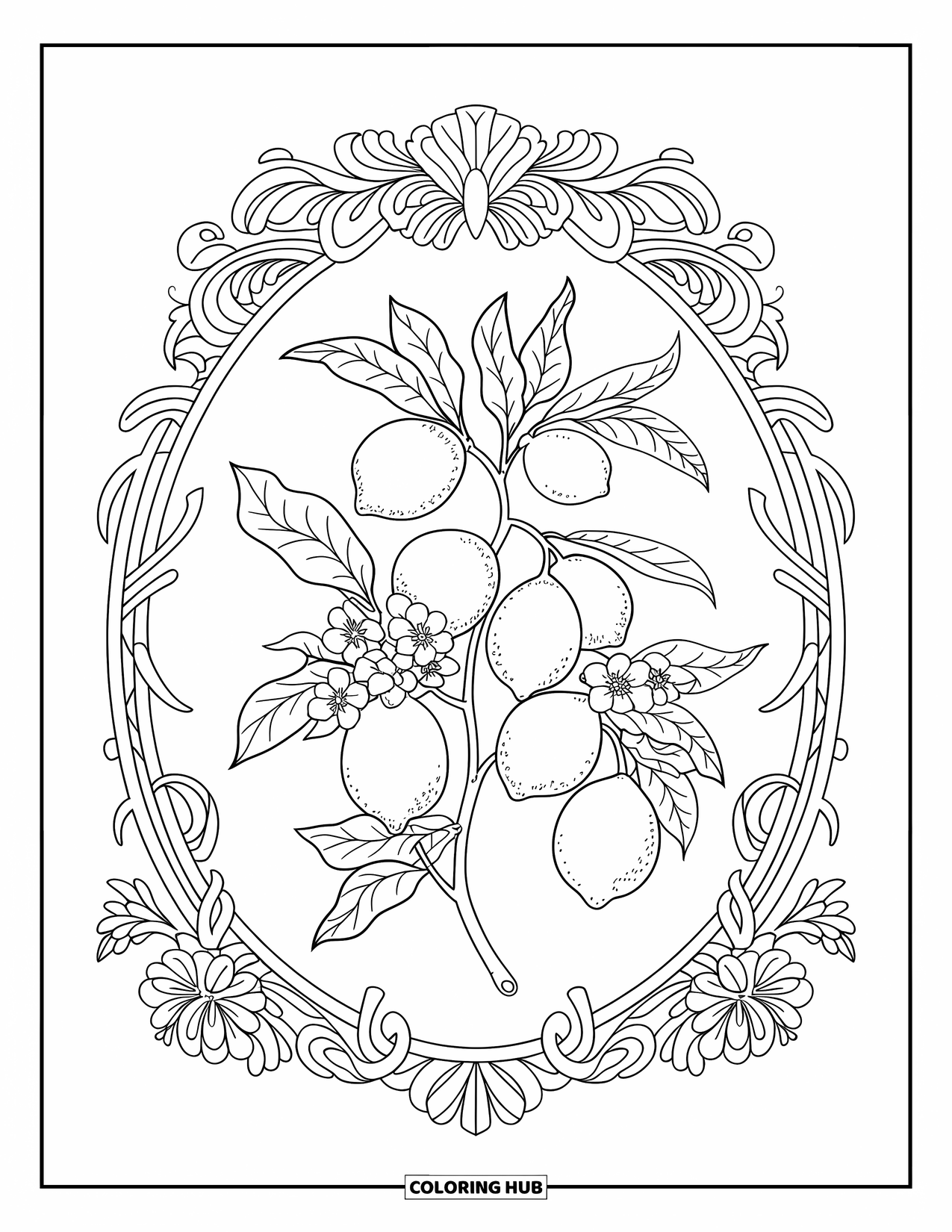 Lemon Coloring Page for Adults: Lemon branch full of leaves and blossoms framed with ornate floral designs