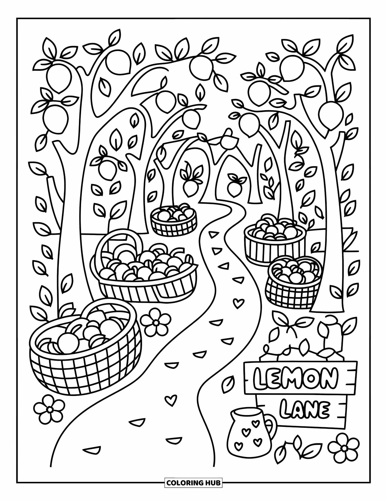 Lemon Coloring Page for Adults: Lemon-filled crates along a path under arching trees with a ìLemon Laneî sign