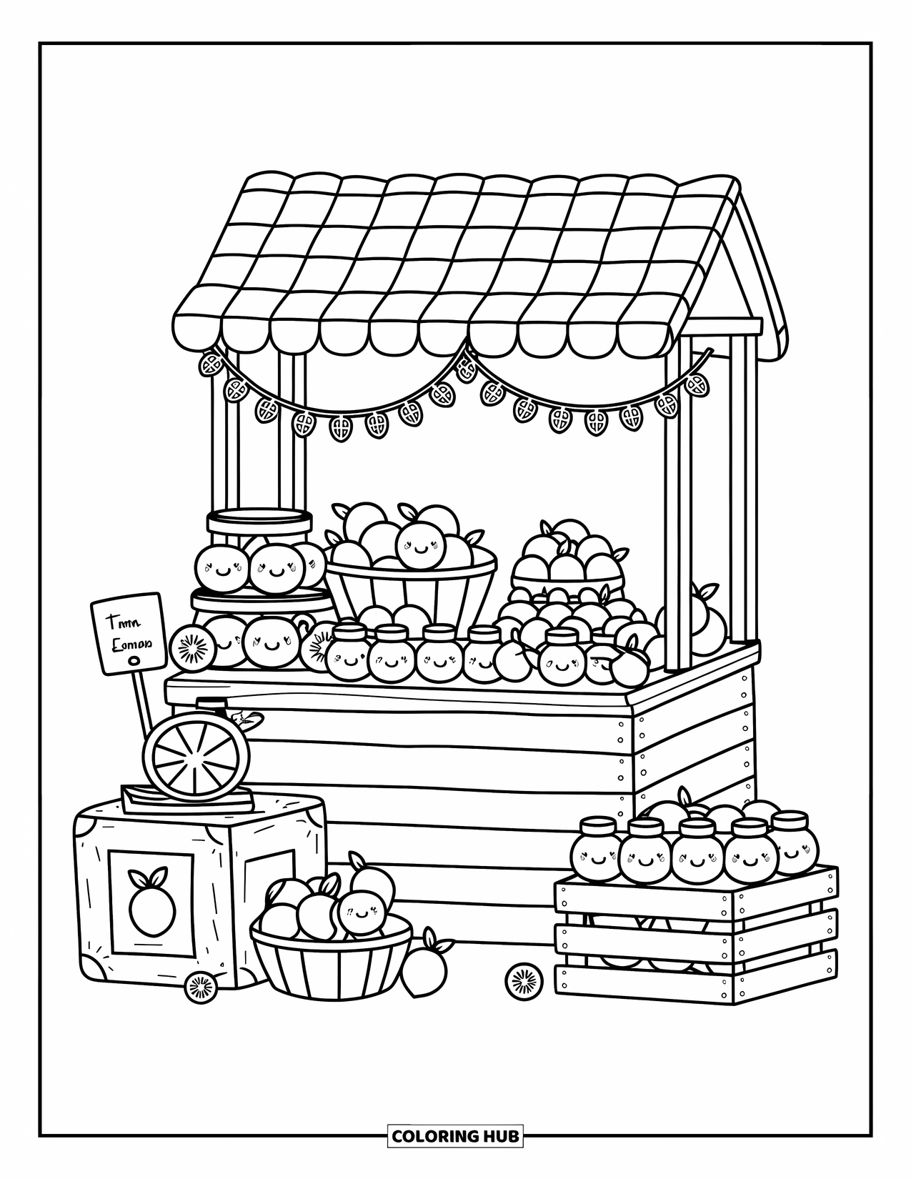 Lemon Coloring Page for Adults: Lemon stand with jam jars, doodles, and a tiny lemon scale on a crate