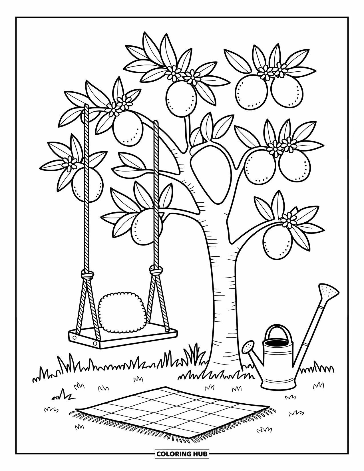 Lemon Coloring Page for Adults: Lemon tree with big fruit, a small rope swing, and a picnic blanket below