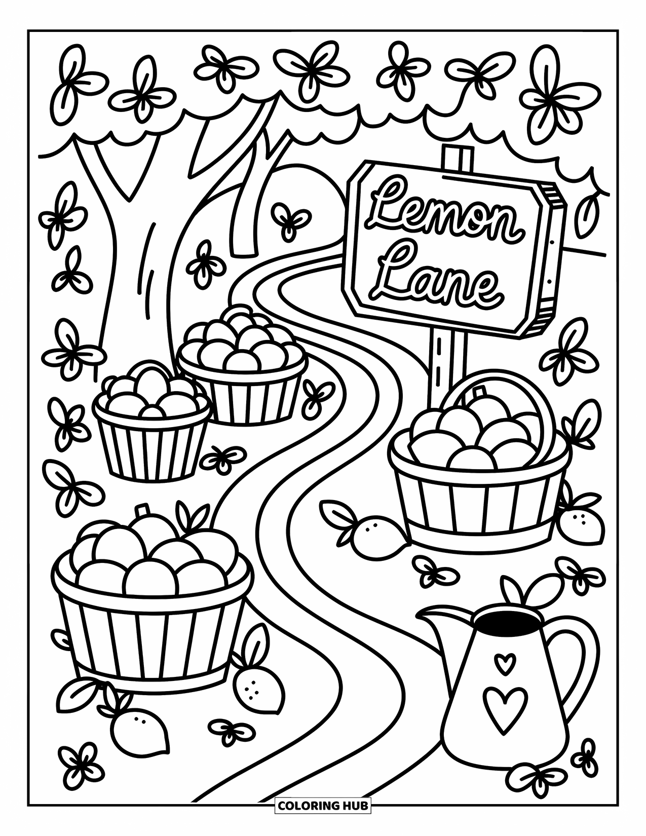 Lemon Coloring Page for Adults: Pathway through lemon trees with playful signs and scattered leaves and hearts