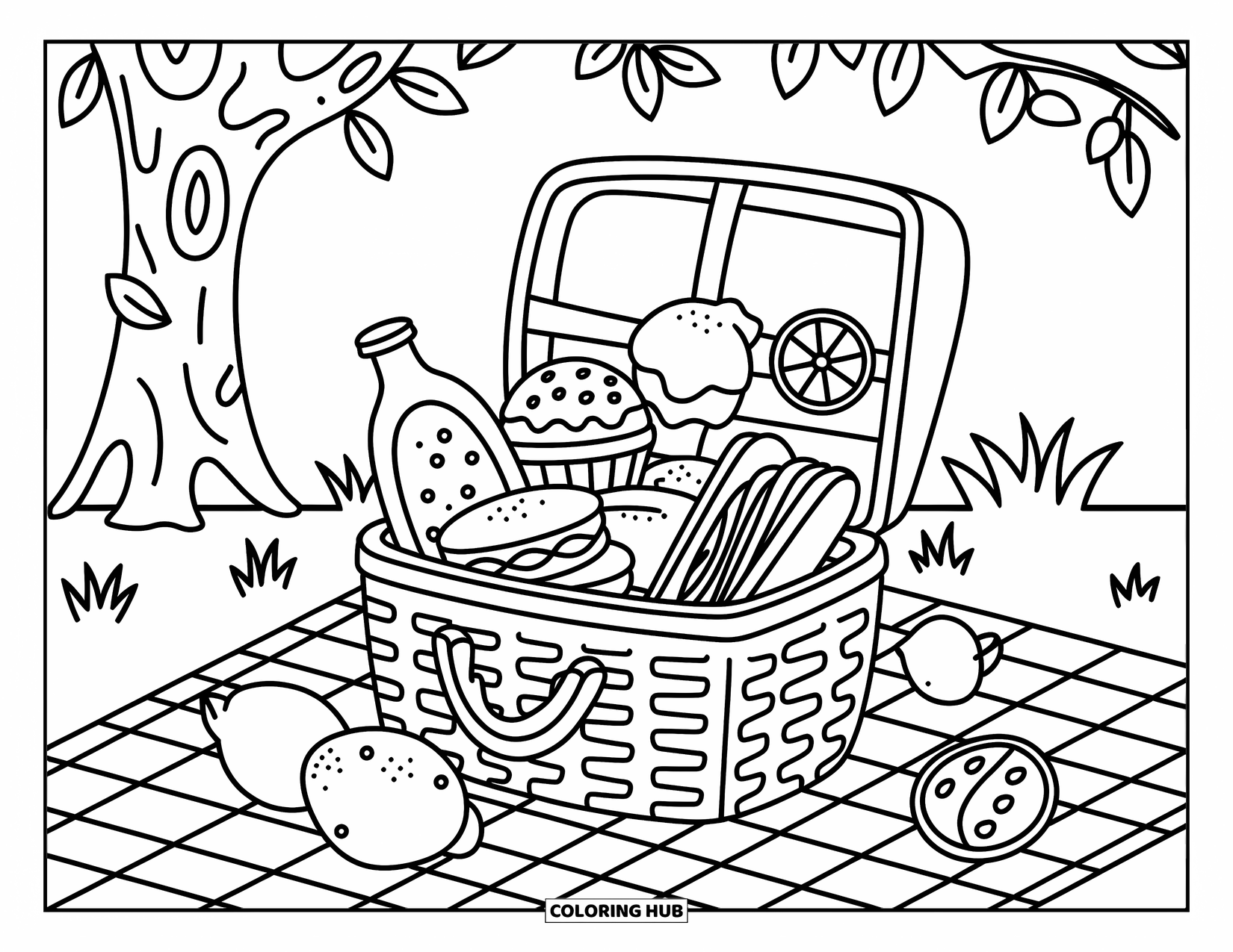 Lemon Coloring Page for Adults: Picnic basket packed with lemony goodies under a tree with falling leaves