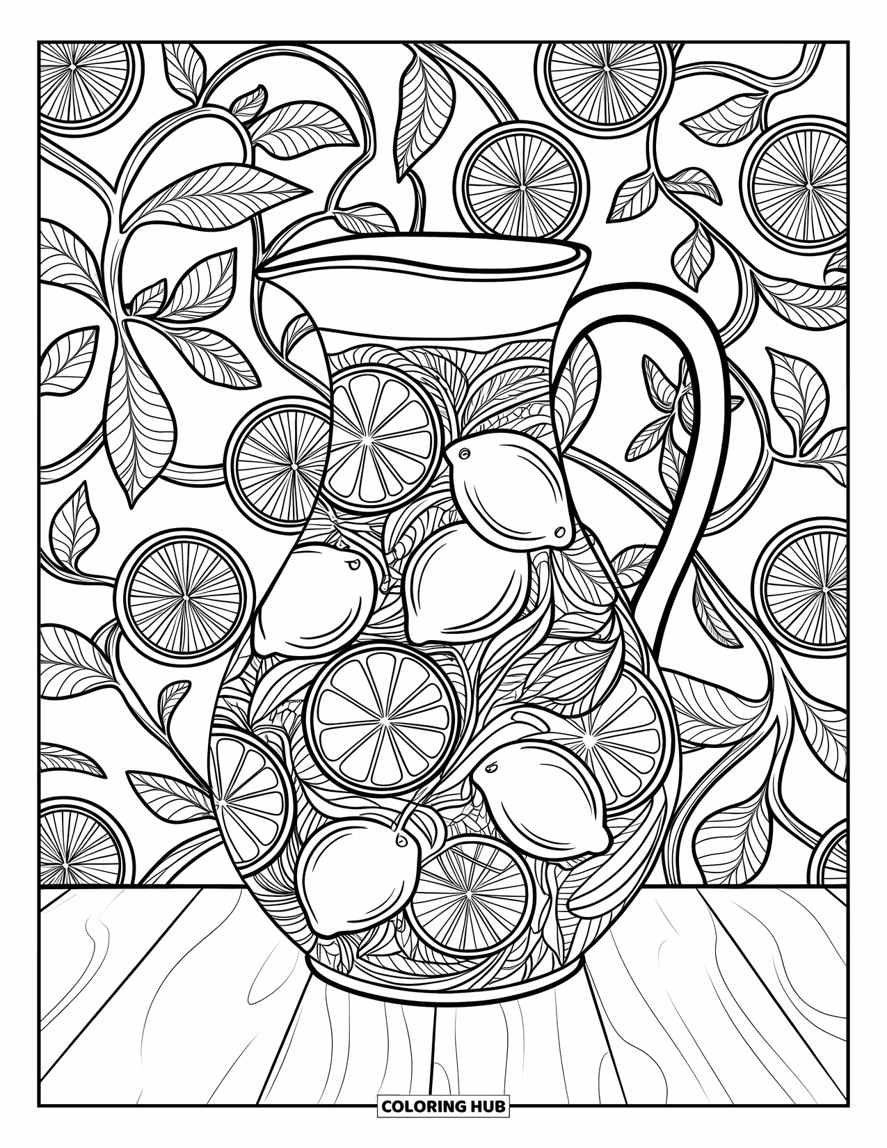 Lemon Coloring Page for Adults: Pitcher on a table framed by detailed citrus vines and fruits