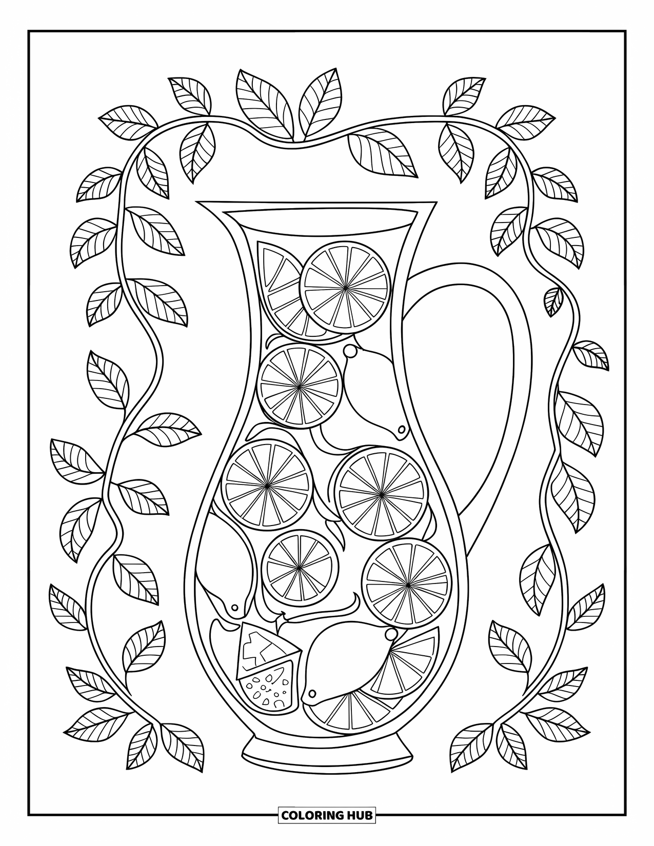 Lemon Coloring Page for Adults: Pitcher with lemon slices wrapped in citrus-patterned mandala vines