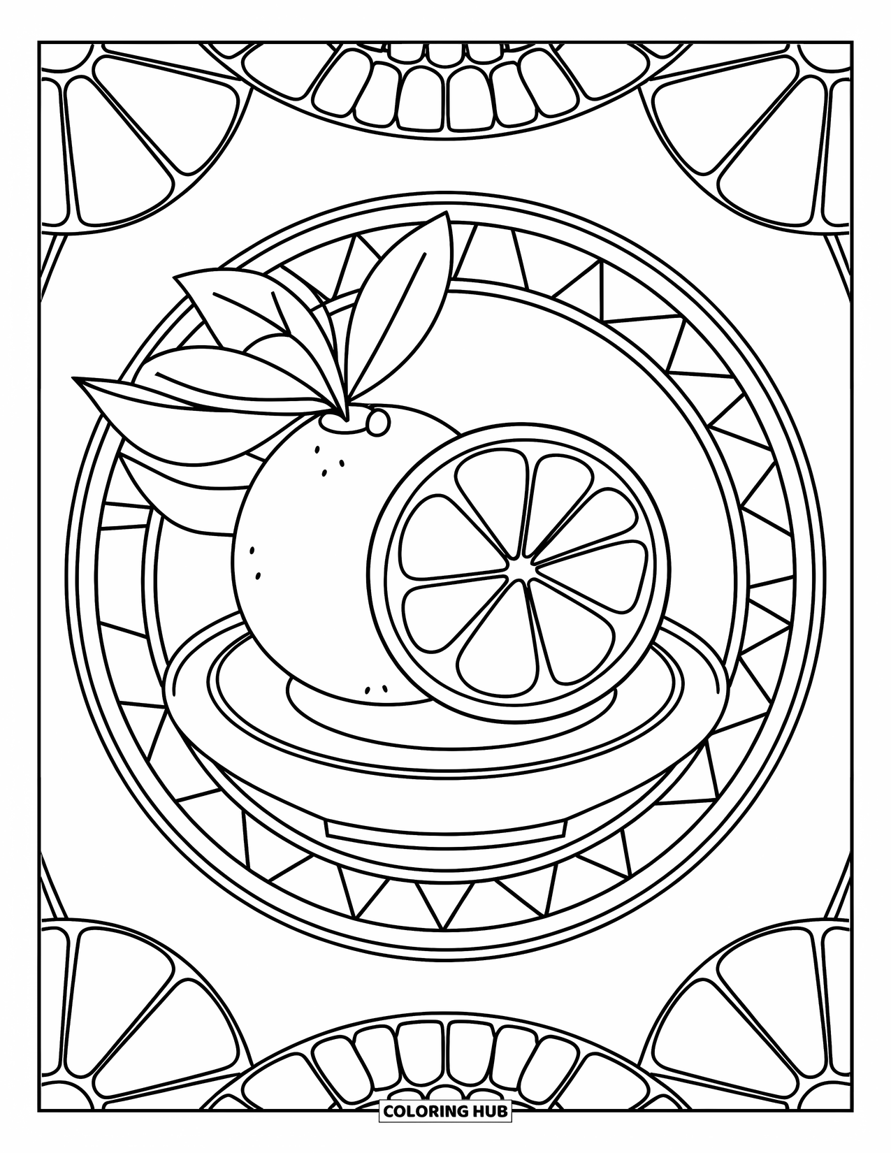 Lemon Coloring Page for Adults: Plate with a sliced lemon framed by stained glass citrus slice patterns