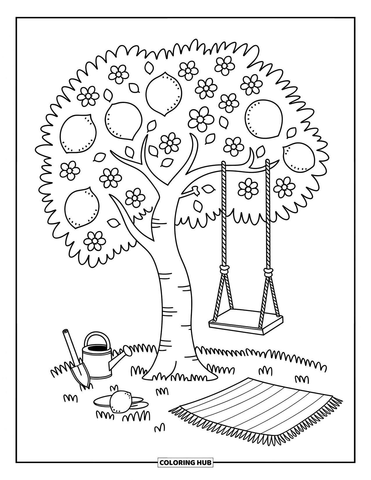 Lemon Coloring Page for Adults: Plump lemon tree with a cozy swing and garden tools nearby