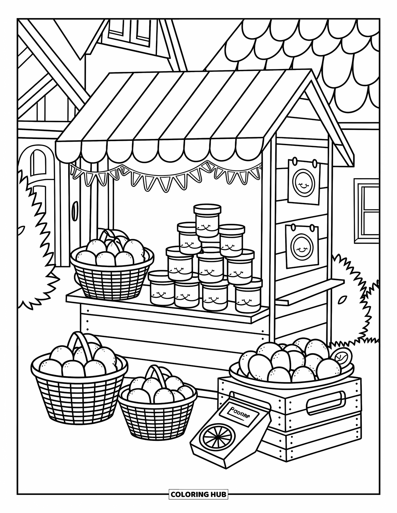 Lemon Coloring Page for Adults: Rustic market stall filled with lemons, jam, and garlands made of lemon slices
