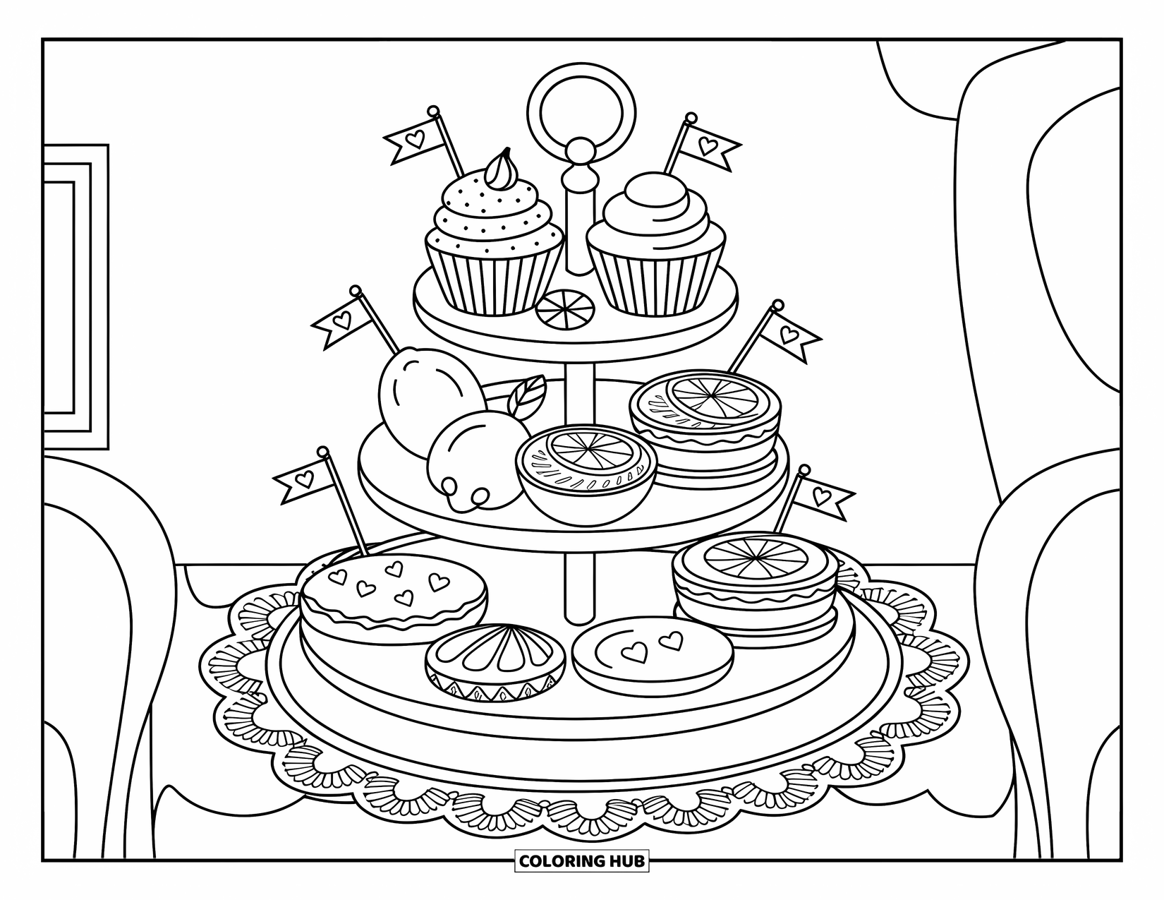 Lemon Coloring Page for Adults: Three-tiered stand with lemon cupcakes, tarts, cookies, and candies on a lace doily