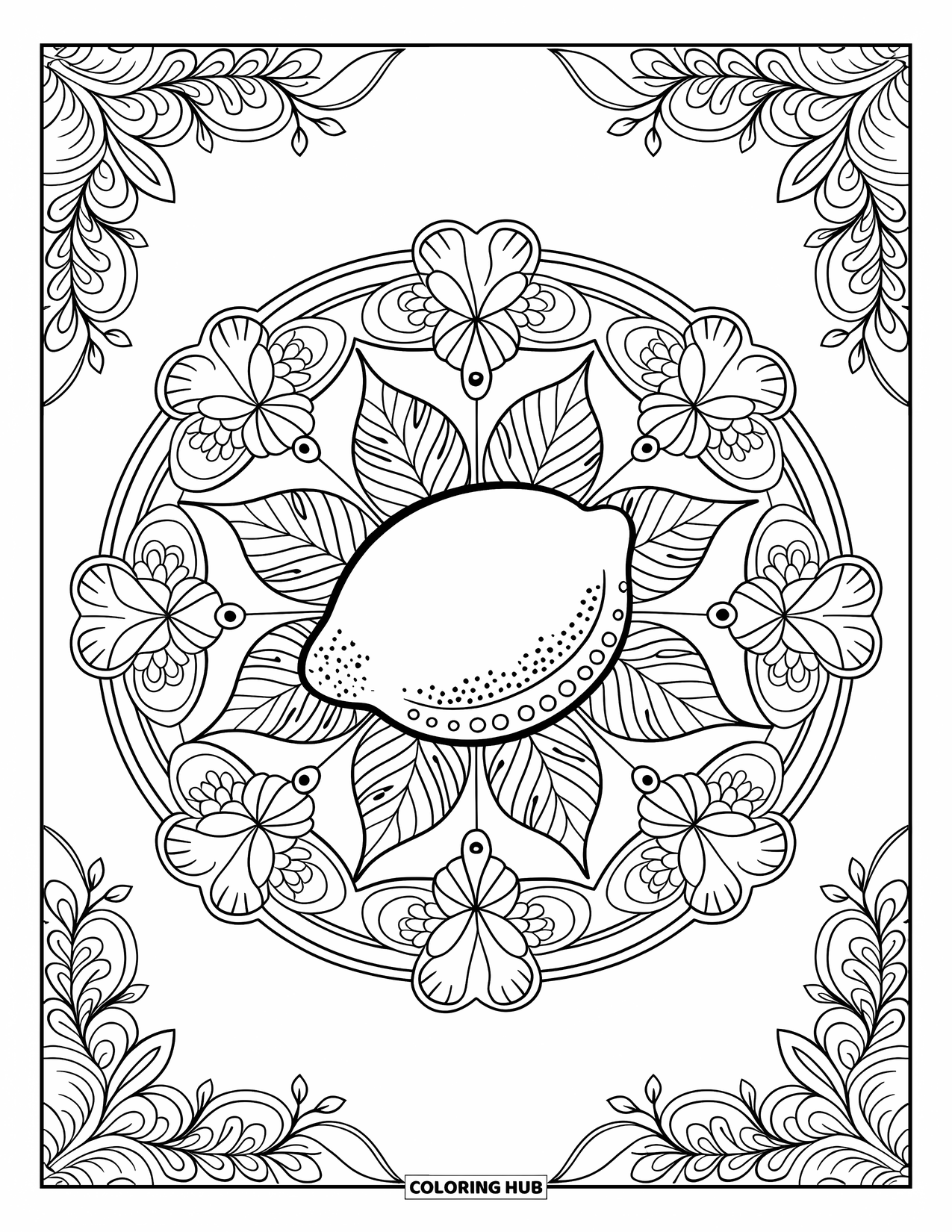 Lemon Coloring Page for Adults: Whole lemon in the center of a leafy, floral mandala pattern