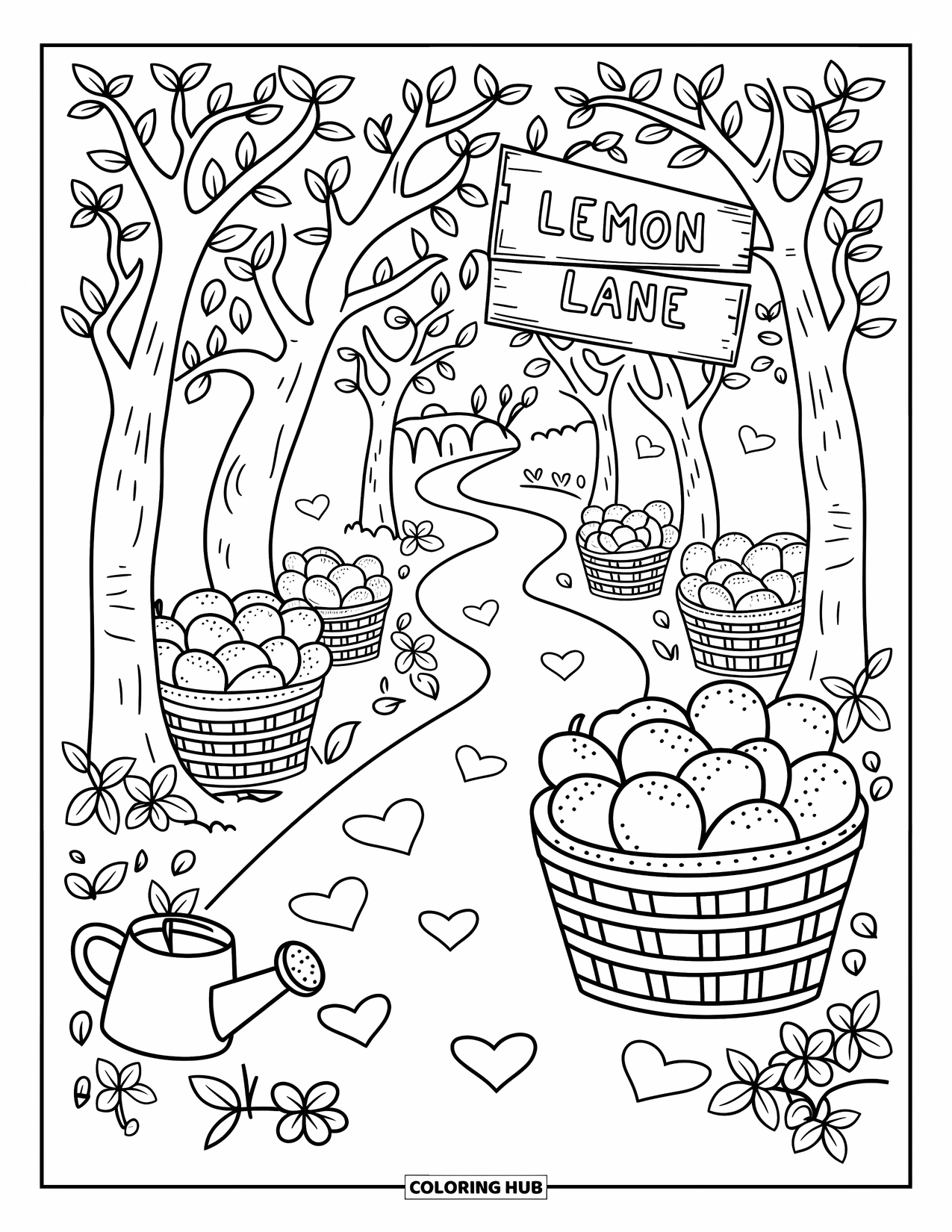 Lemon Coloring Page for Adults: Winding path through a lemon grove with crates and a sign that reads ìLemon Lane.î