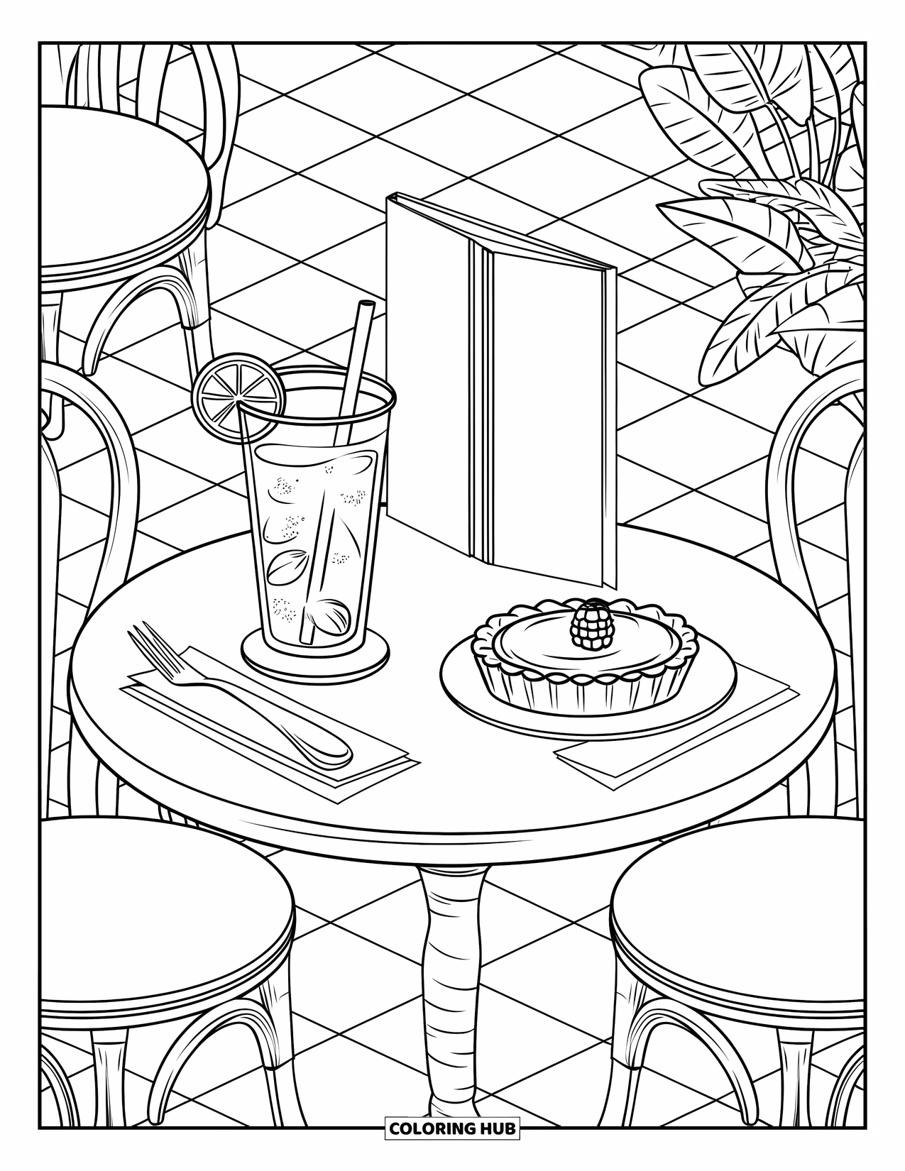 Lemon Coloring Page for Kids: CafÈ setup with lemonade, tart, and checkered floor