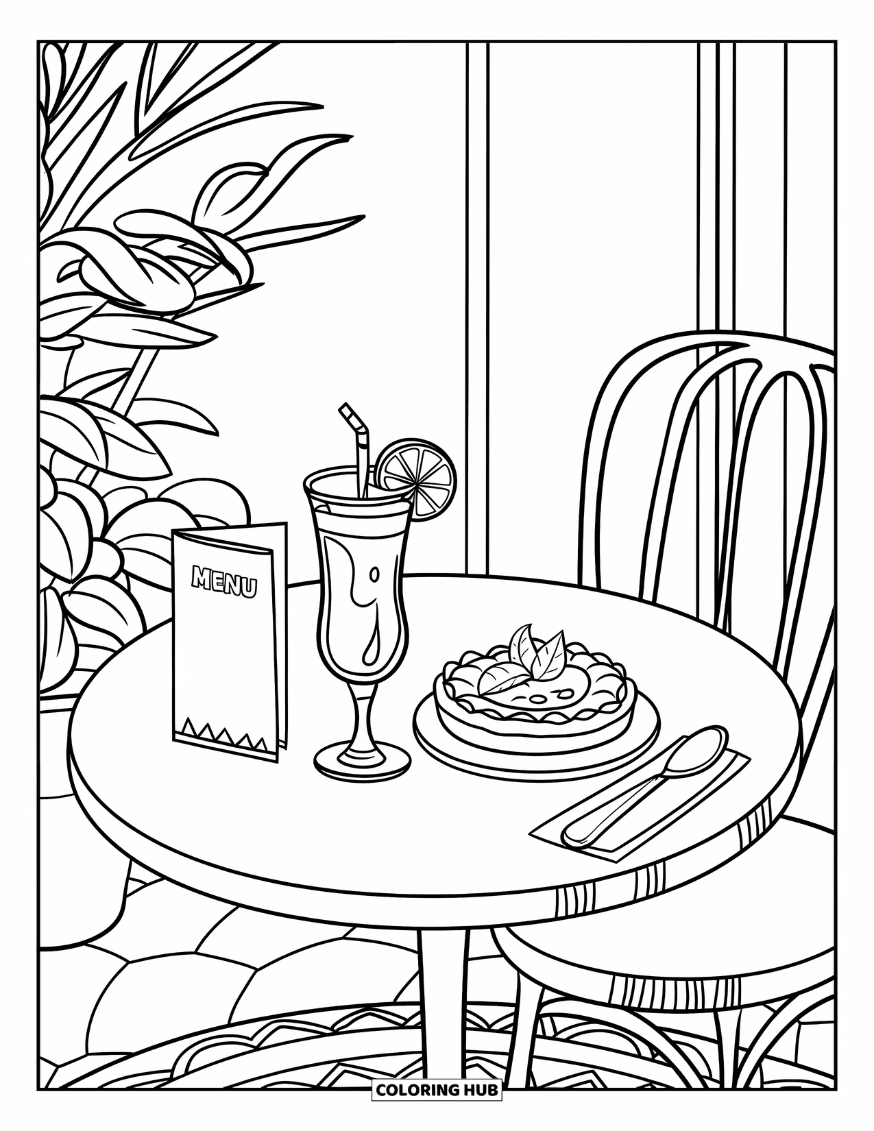 Lemon Coloring Page for Kids: CafÈ table with lemon treats and a plant nearby